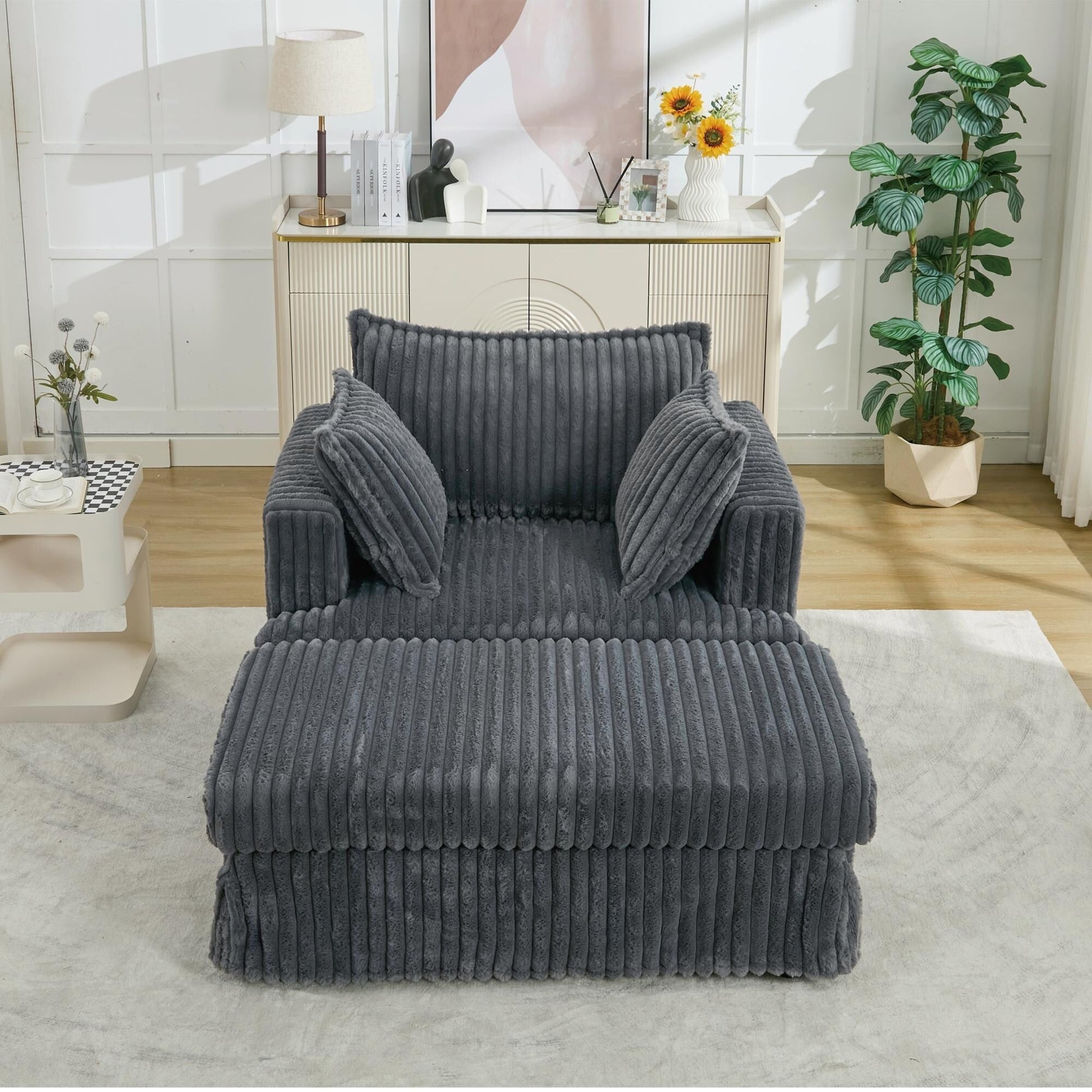 Chaise longue en velours côtelé surdimensionnée avec pouf (47.7)