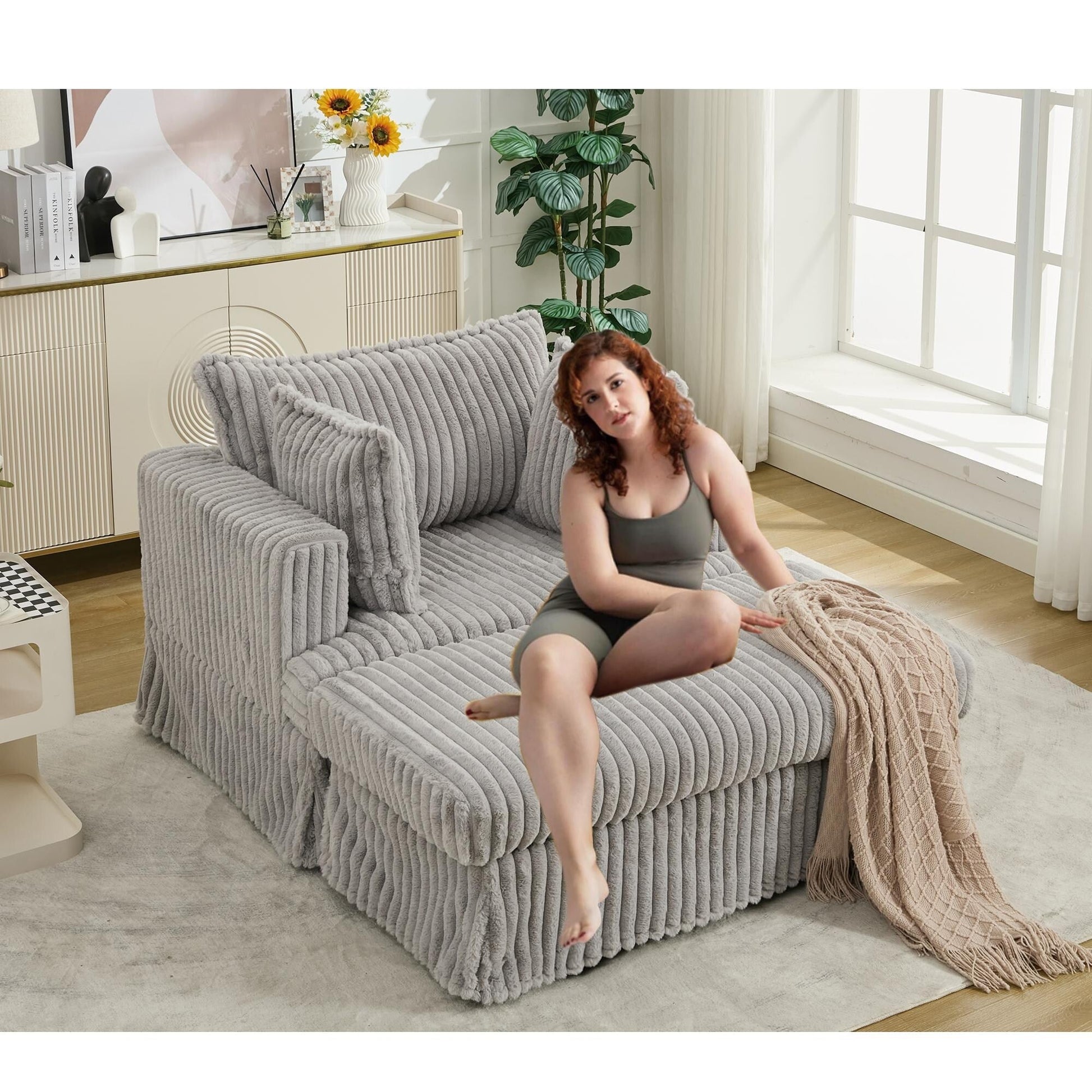 Chaise longue en velours côtelé surdimensionnée avec pouf (47.7)