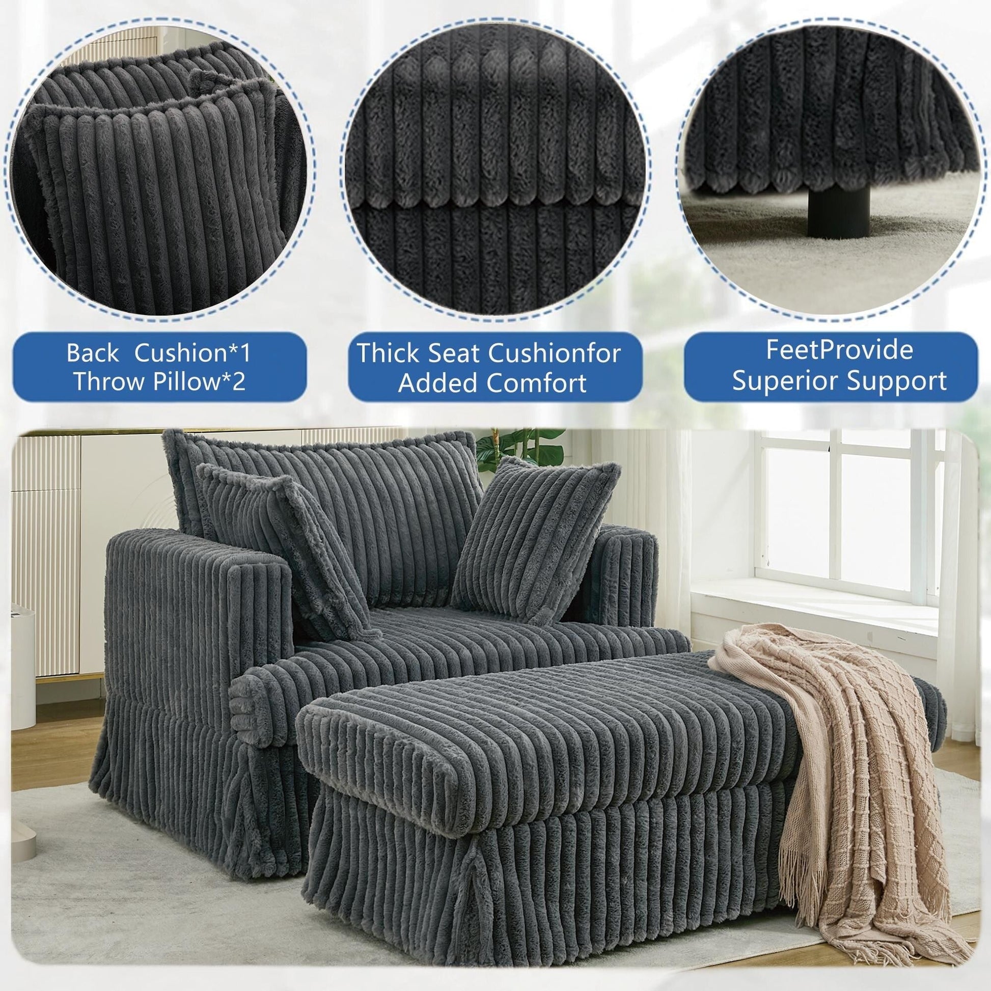 Chaise longue en velours côtelé surdimensionnée avec pouf (47.7)