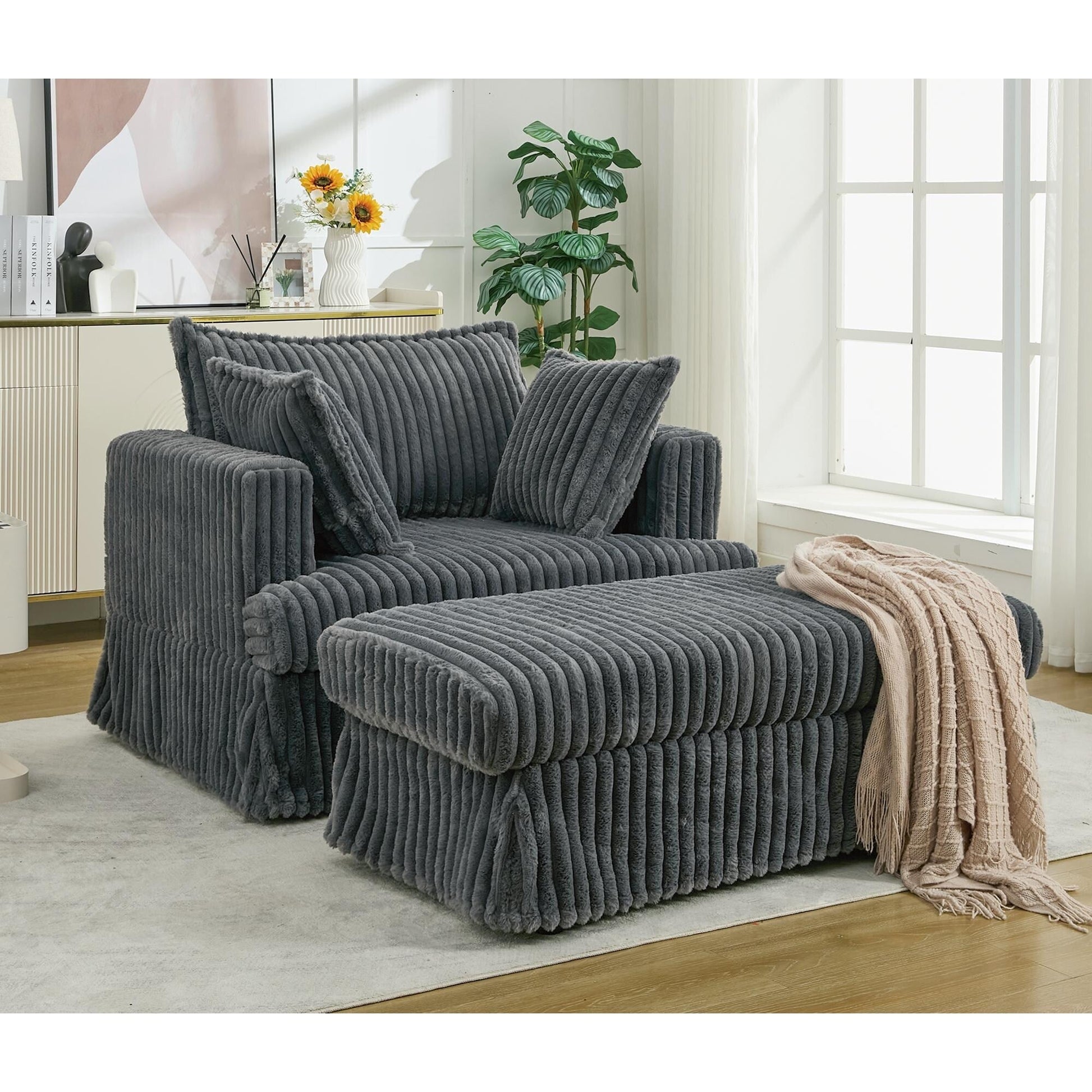 Chaise longue en velours côtelé surdimensionnée avec pouf (47.7)