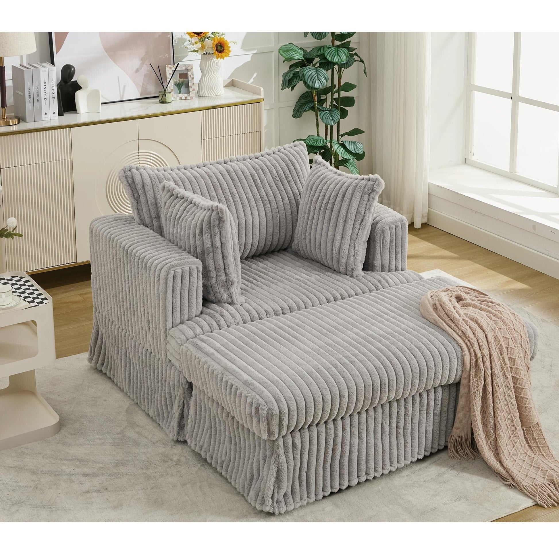 Chaise longue en velours côtelé surdimensionnée avec pouf (47.7)