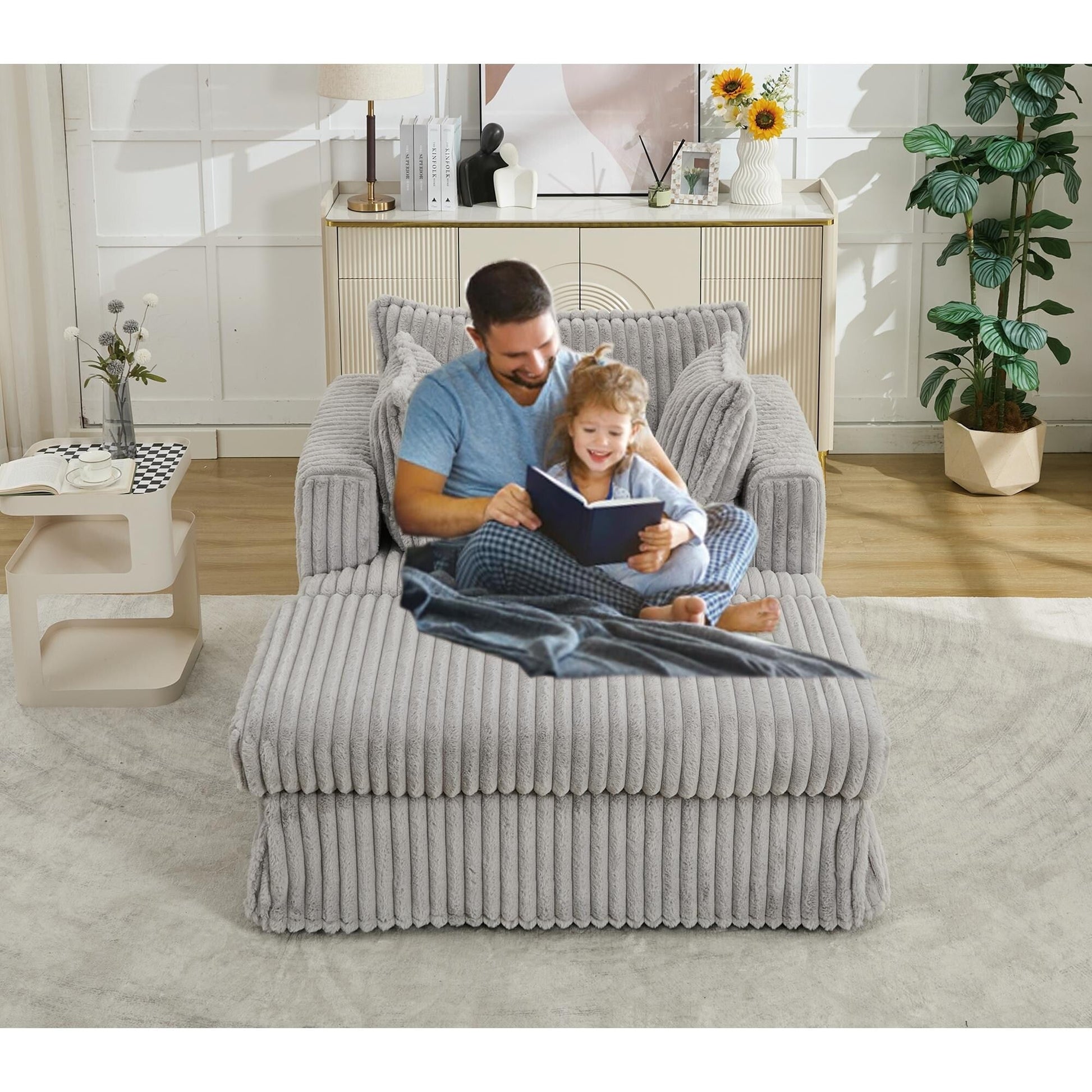 Chaise longue en velours côtelé surdimensionnée avec pouf (47.7)