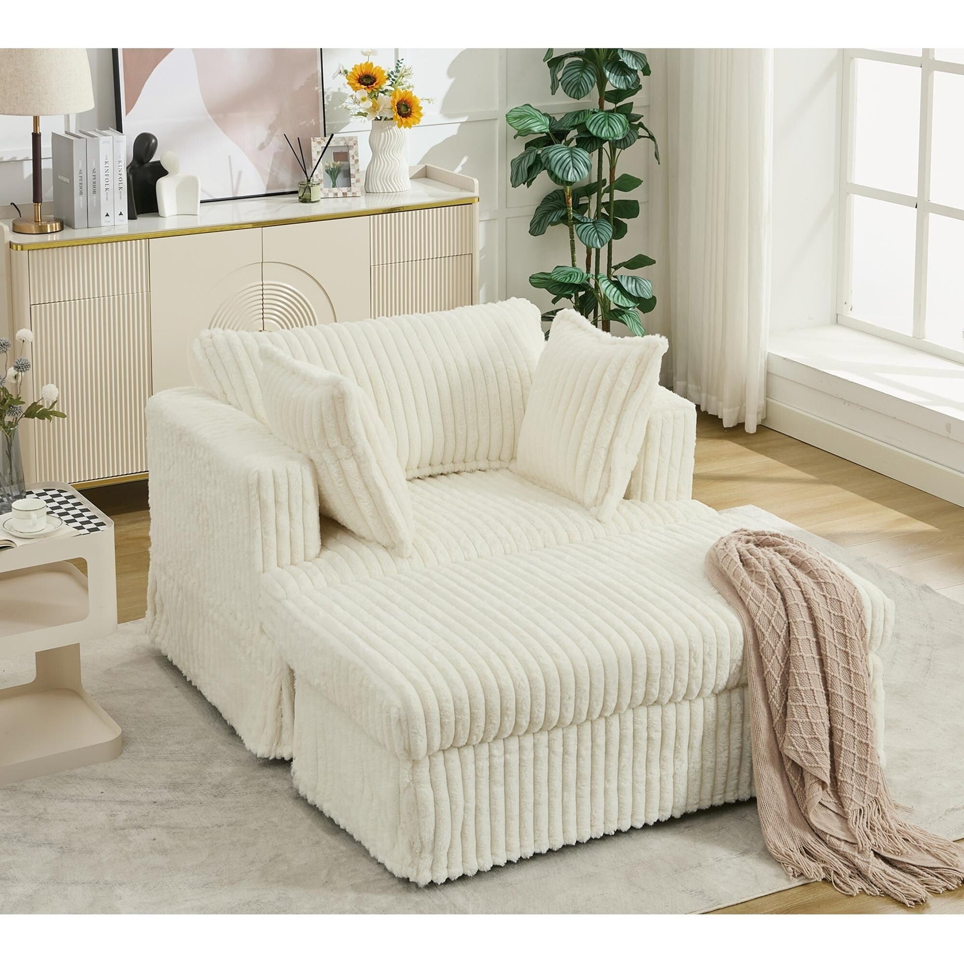 Chaise longue en velours côtelé surdimensionnée avec pouf (47.7)