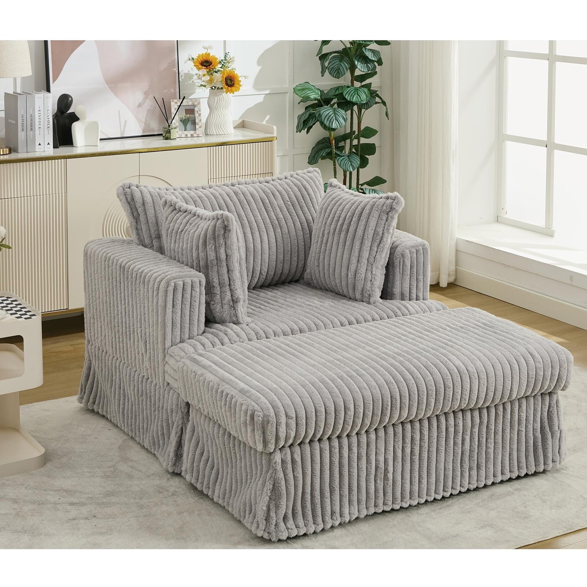 Chaise longue en velours côtelé surdimensionnée avec pouf (47.7)