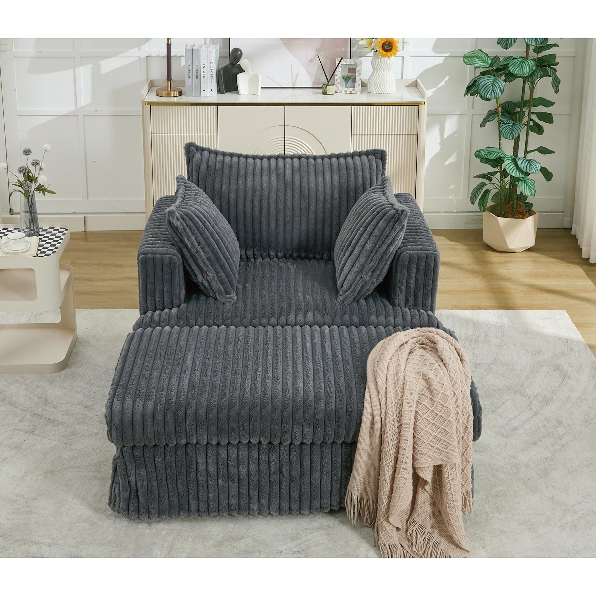 Chaise longue en velours côtelé surdimensionnée avec pouf (47.7)