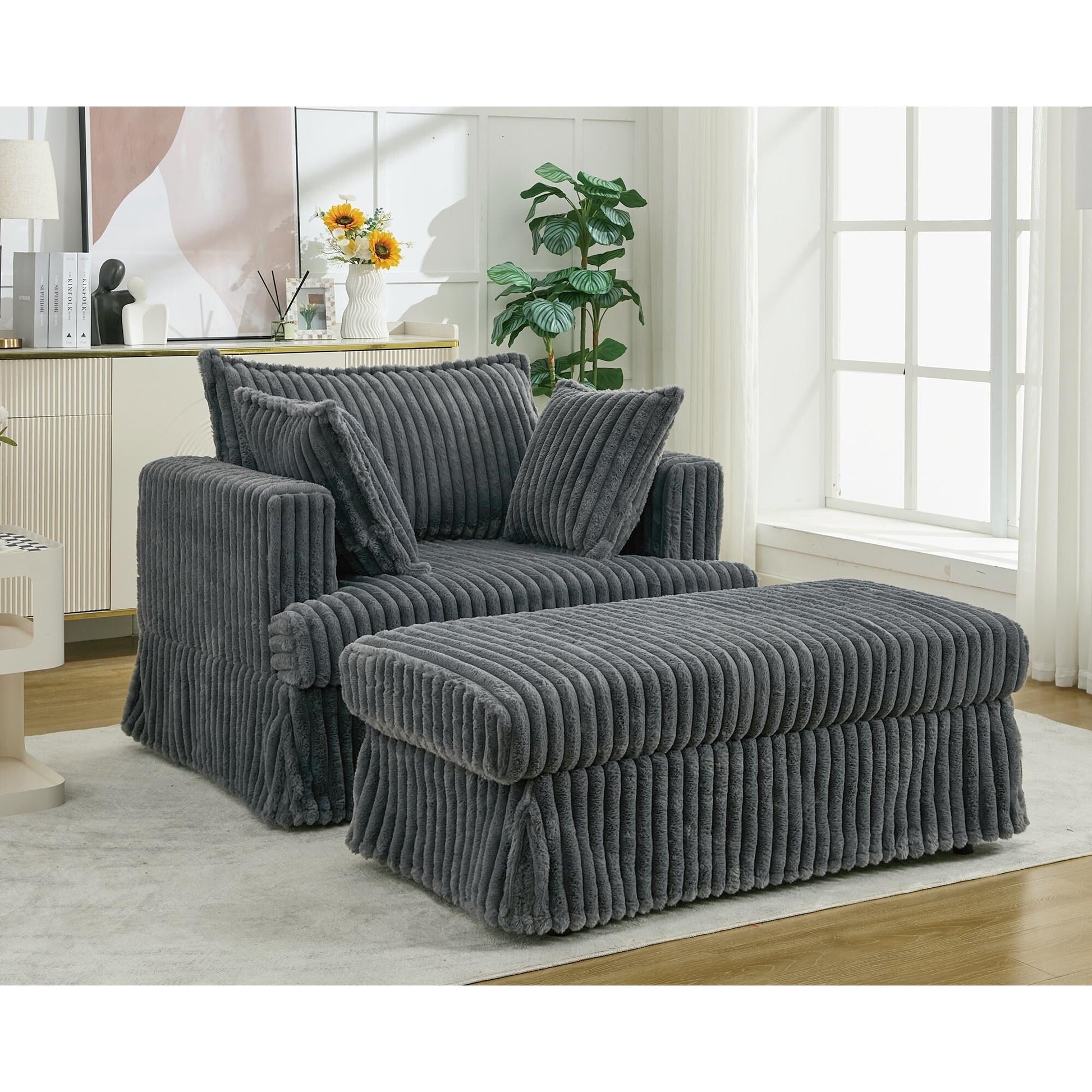 Chaise longue en velours côtelé surdimensionnée avec pouf (47.7)