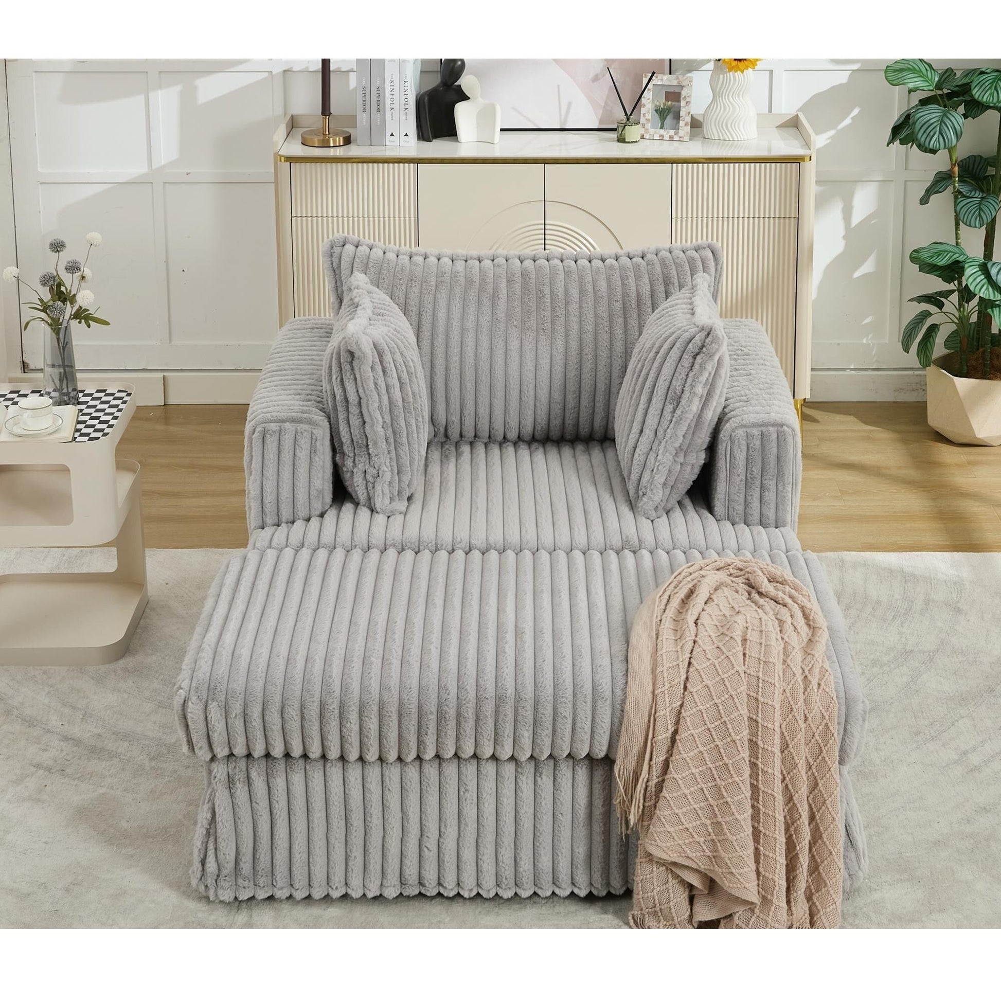 Chaise longue en velours côtelé surdimensionnée avec pouf (47.7)