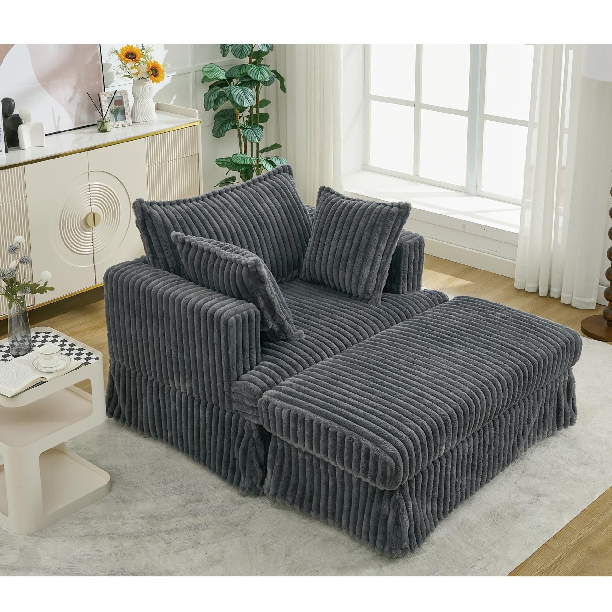 Chaise longue en velours côtelé surdimensionnée avec pouf (47.7)