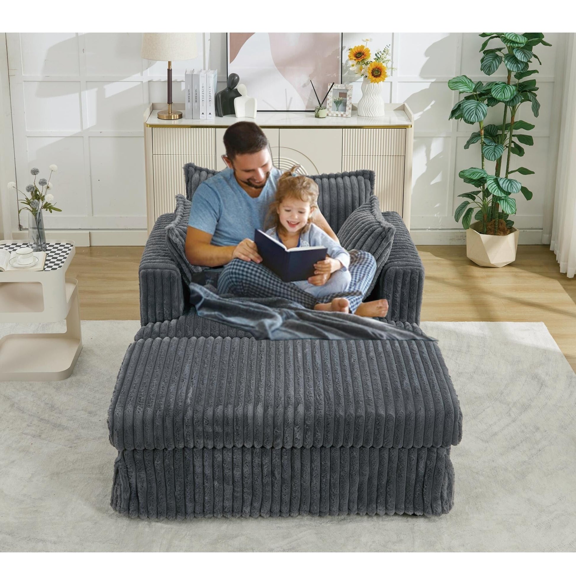 Chaise longue en velours côtelé surdimensionnée avec pouf (47.7)