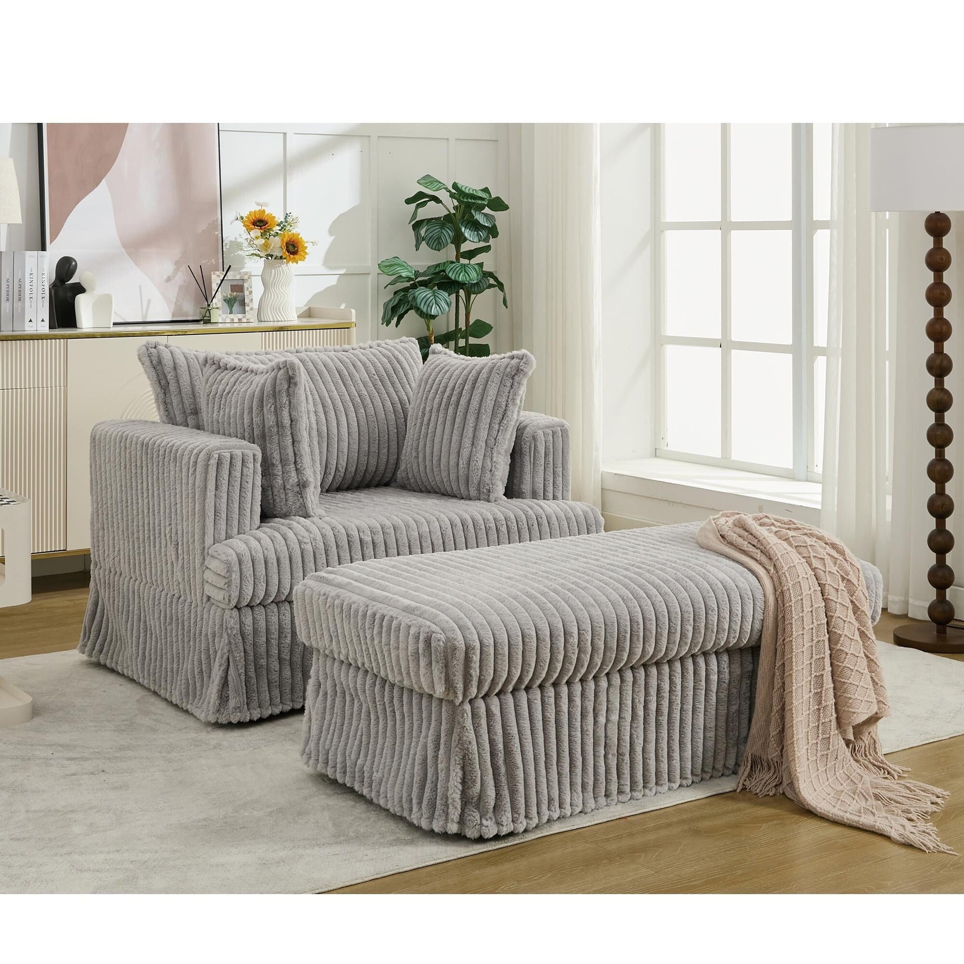 Chaise longue en velours côtelé surdimensionnée avec pouf (47.7)