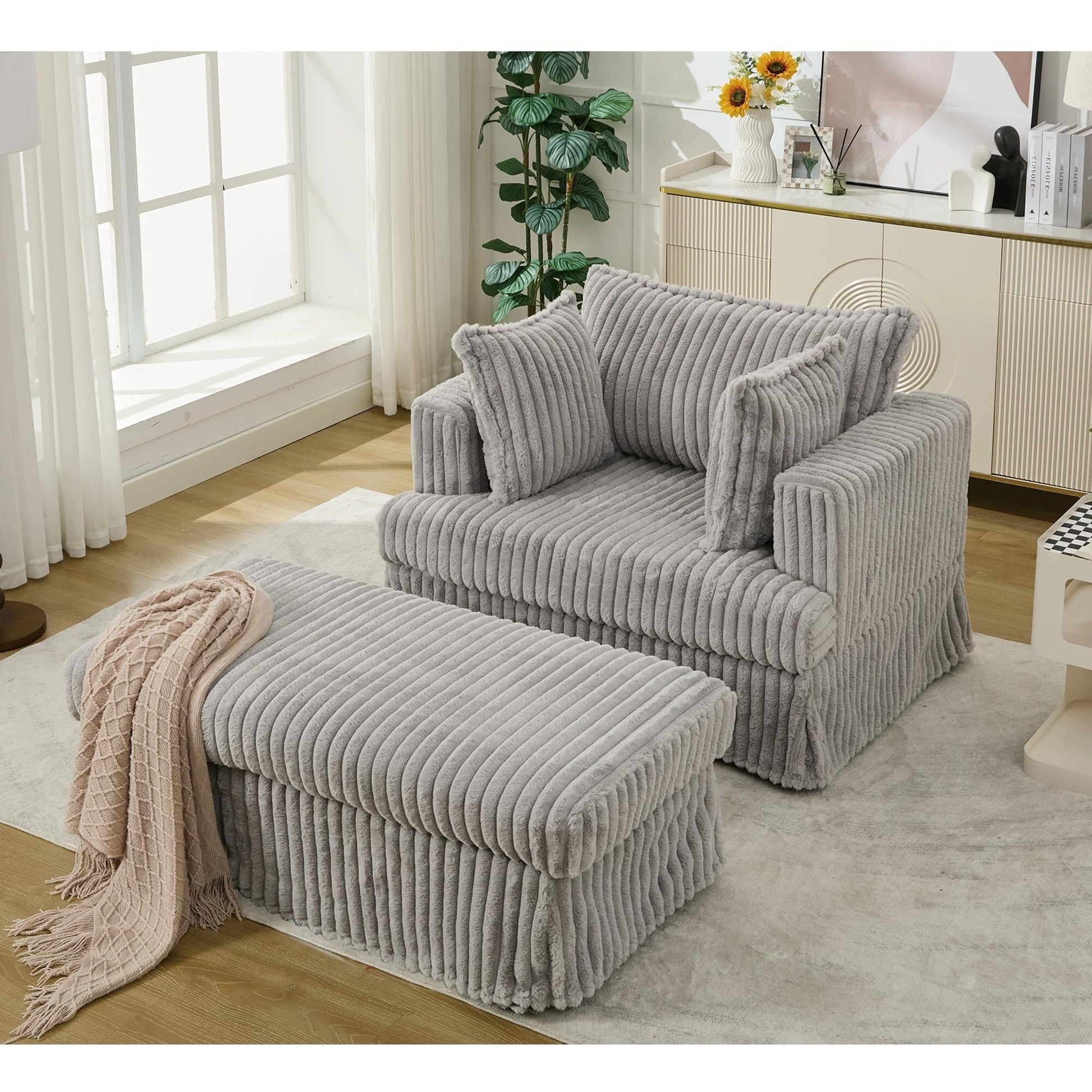Chaise longue en velours côtelé surdimensionnée avec pouf (47.7)