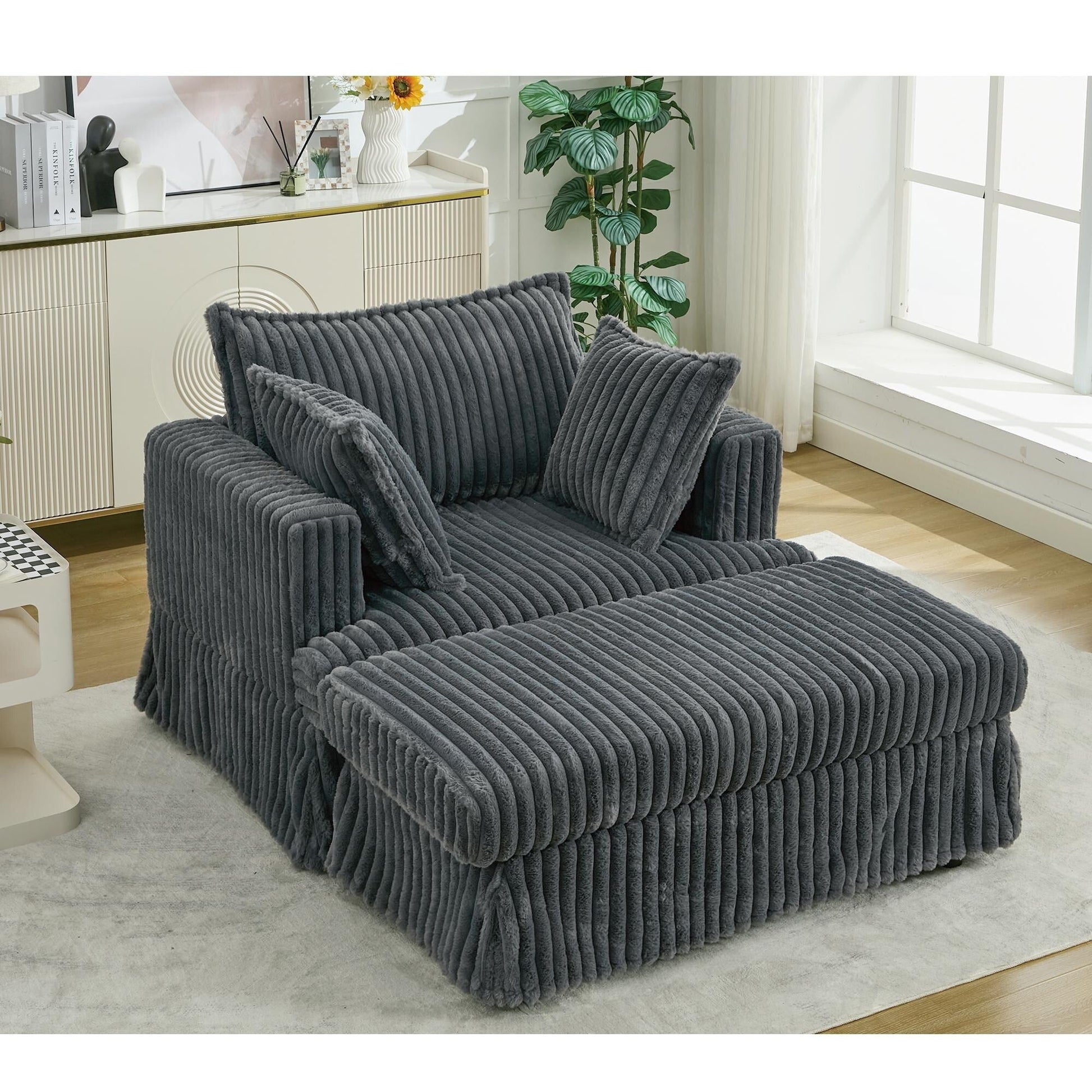 Chaise longue en velours côtelé surdimensionnée avec pouf (47.7)