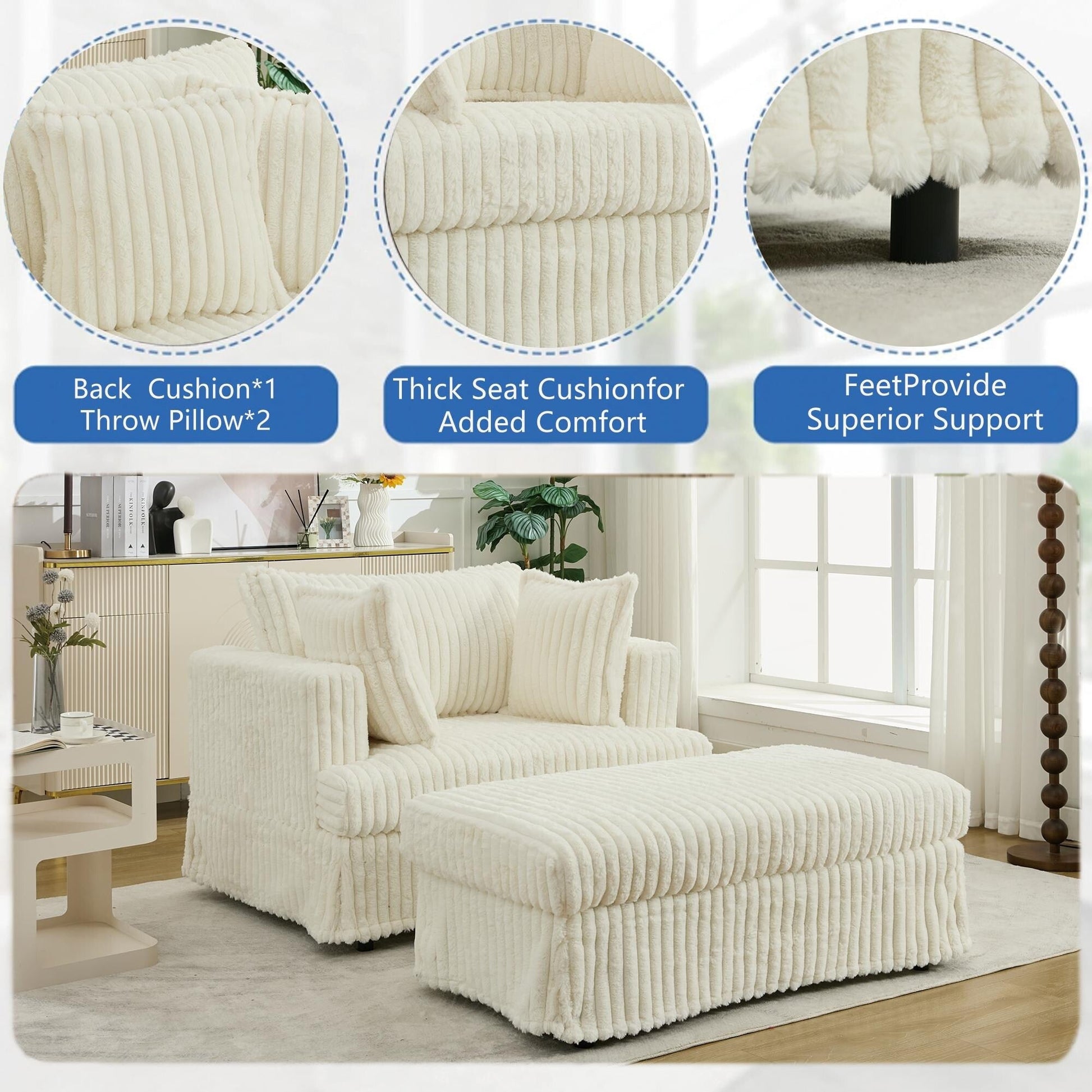 Chaise longue en velours côtelé surdimensionnée avec pouf (47.7)