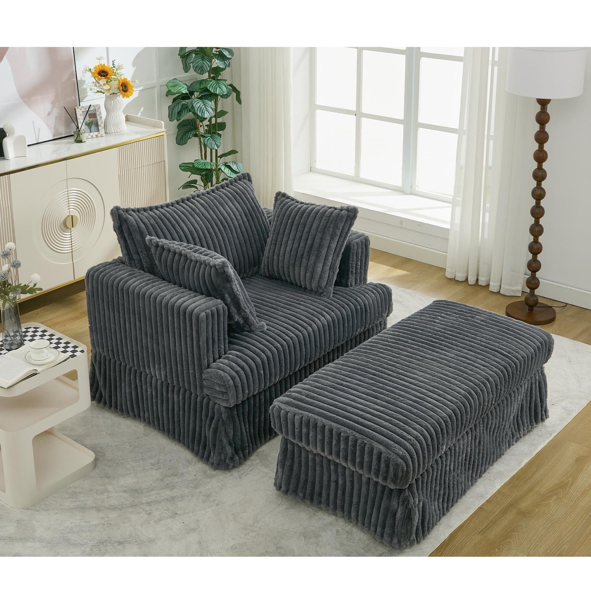 Chaise longue en velours côtelé surdimensionnée avec pouf (47.7)