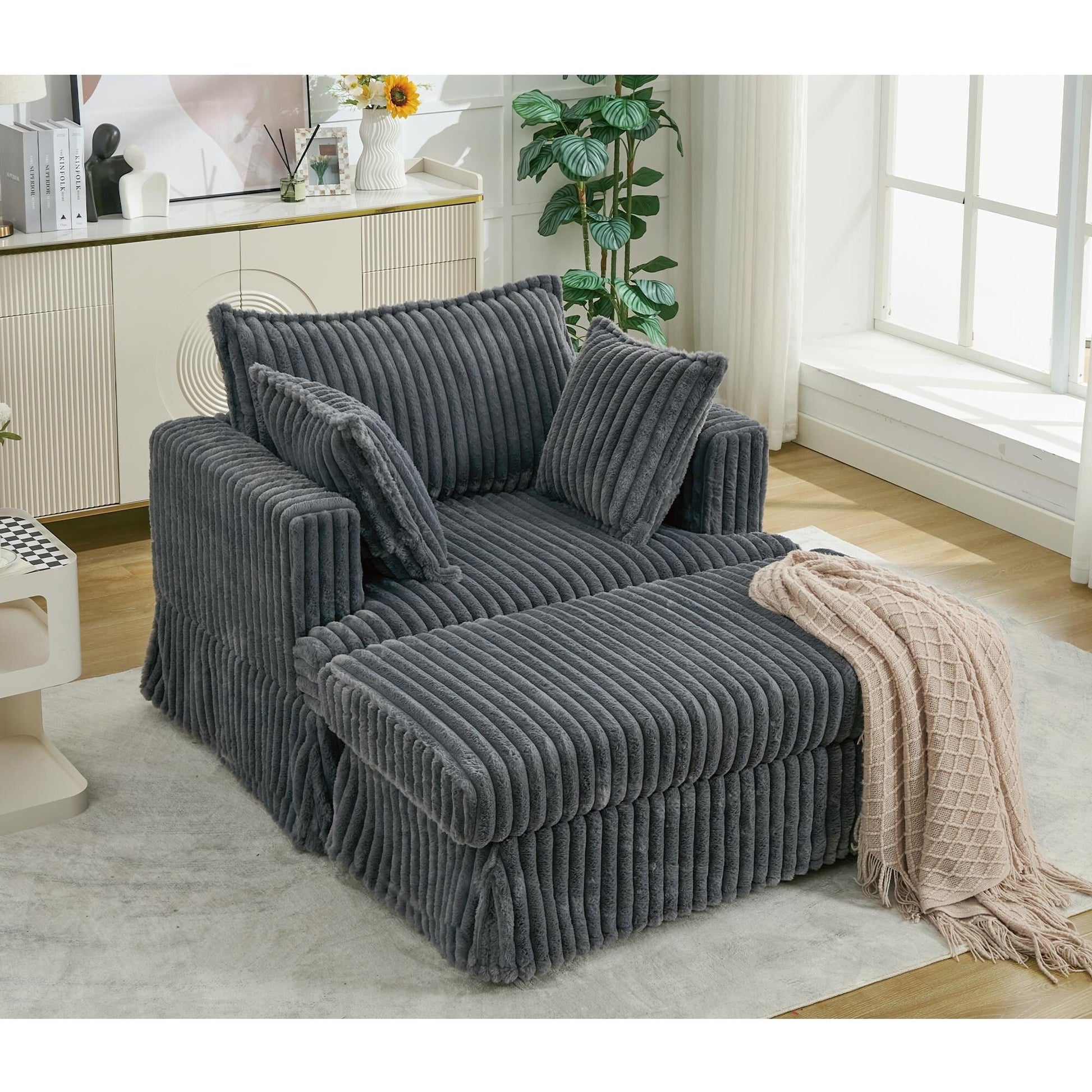 Chaise longue en velours côtelé surdimensionnée avec pouf (47.7)