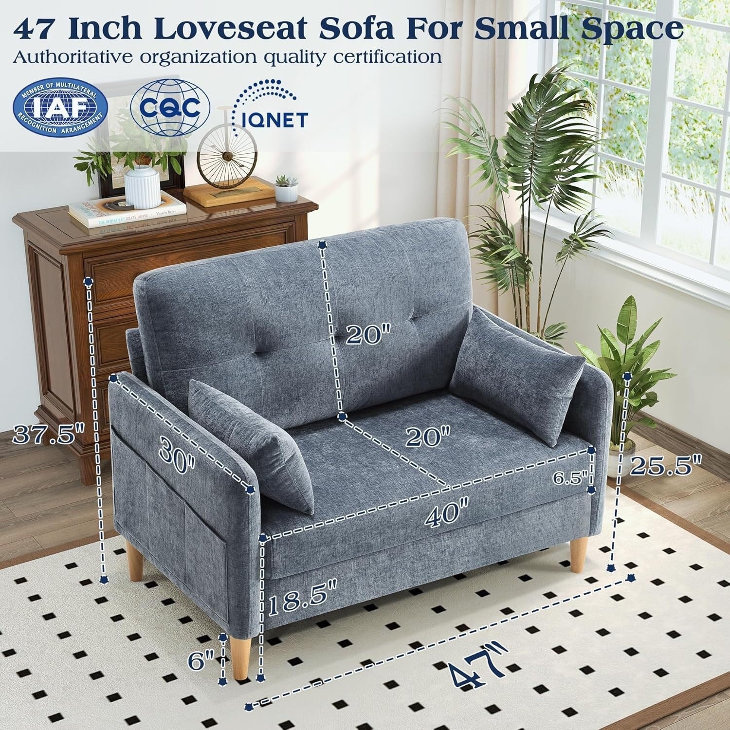 Canapé 2 places en chenille 47 pouces - Canapé pour petit espace avec housse et coussin amovibles, parfait pour appartement/chambre d'étudiant.