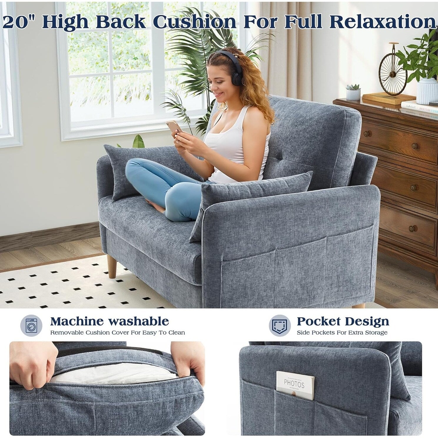 Canapé 2 places en chenille 47 pouces - Canapé pour petit espace avec housse et coussin amovibles, parfait pour appartement/chambre d'étudiant.