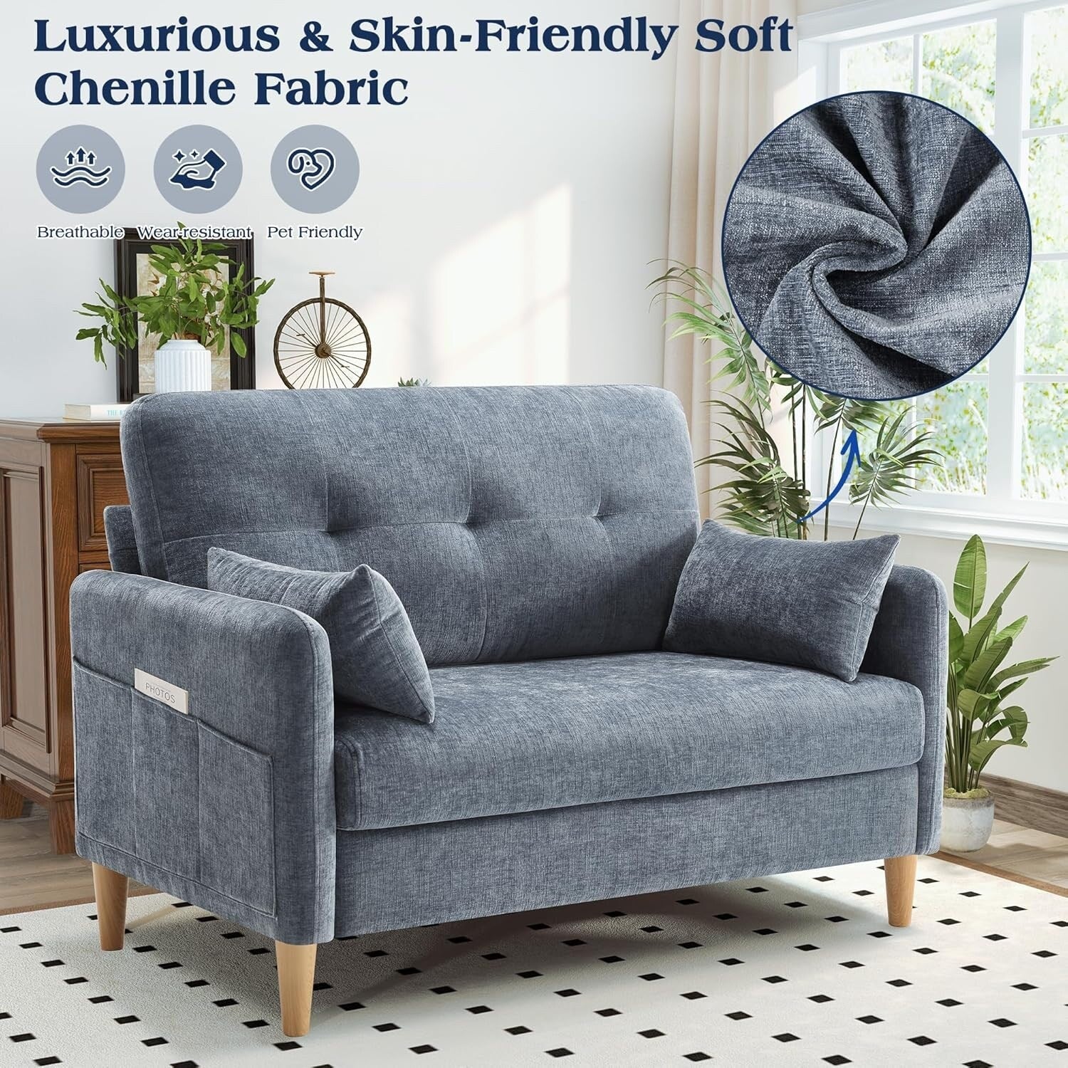 Canapé 2 places en chenille 47 pouces - Canapé pour petit espace avec housse et coussin amovibles, parfait pour appartement/chambre d'étudiant.