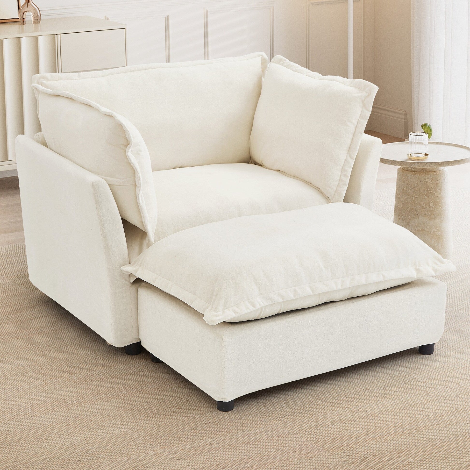 Canapé-fauteuil moderne avec pouf (47 pouces) - Fauteuil de salon rembourré, large assise, accoudoirs incurvés et coussins moelleux pour salon