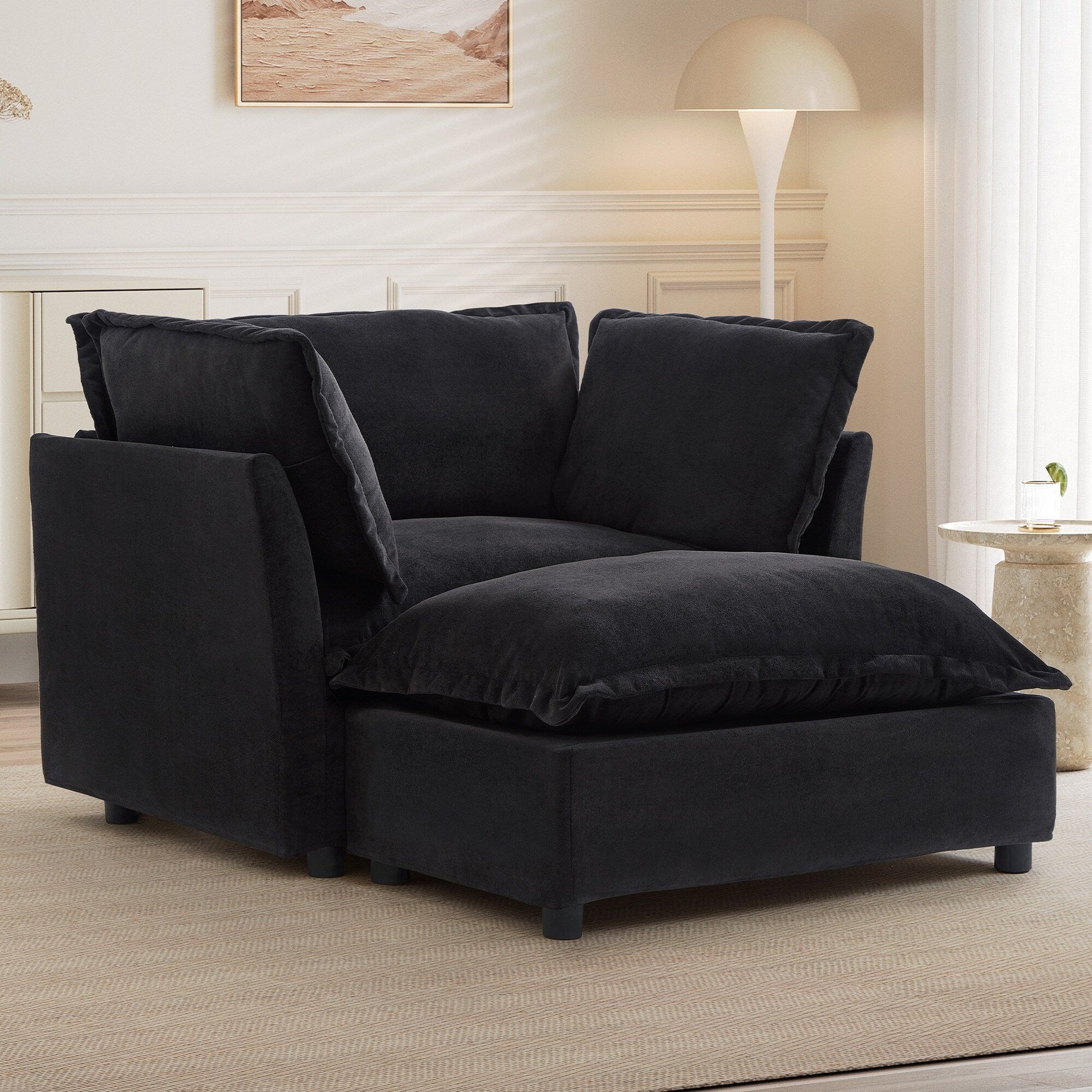 Canapé-fauteuil moderne avec pouf (47 pouces) - Fauteuil de salon rembourré, large assise, accoudoirs incurvés et coussins moelleux pour salon