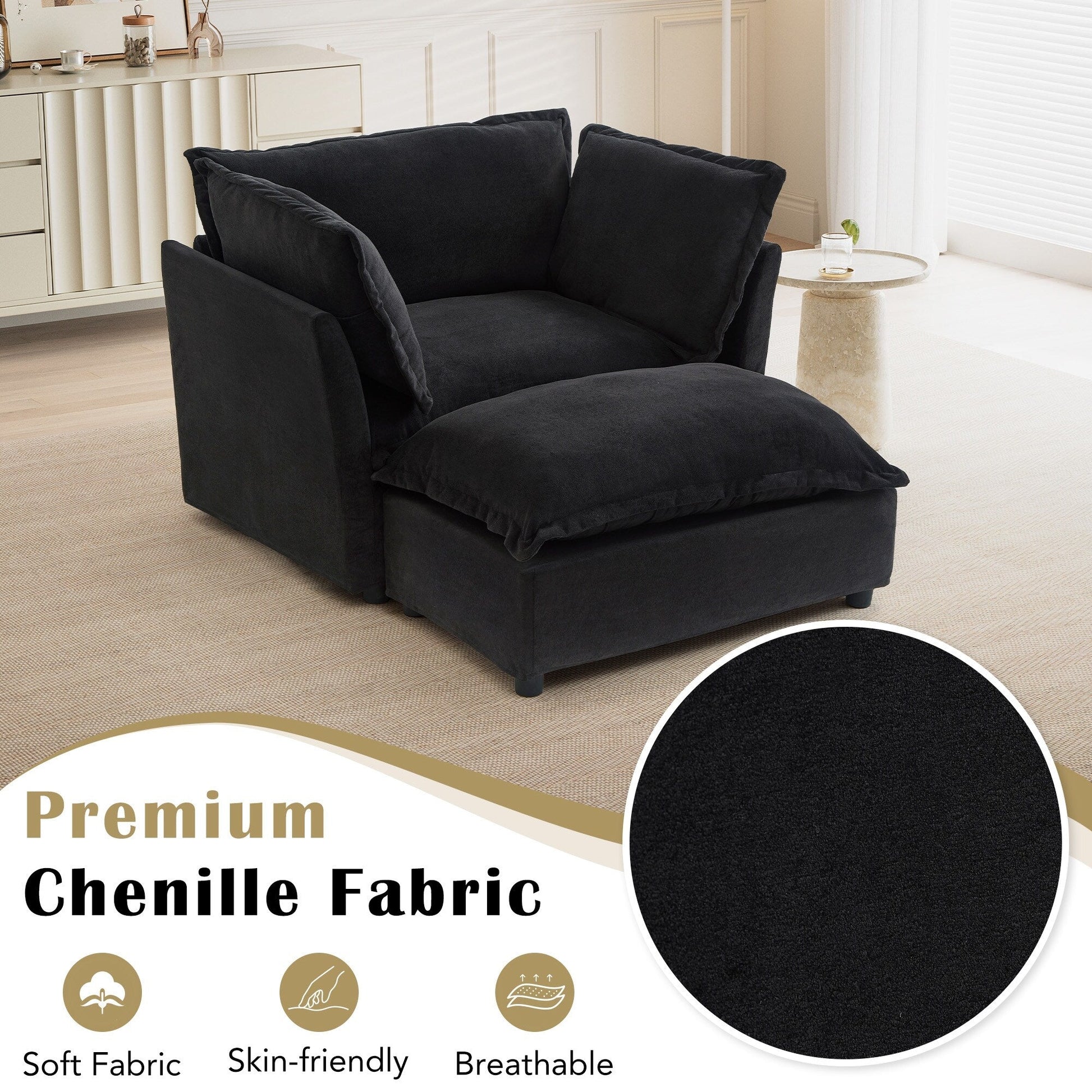 Canapé-fauteuil moderne avec pouf (47 pouces) - Fauteuil de salon rembourré, large assise, accoudoirs incurvés et coussins moelleux pour salon