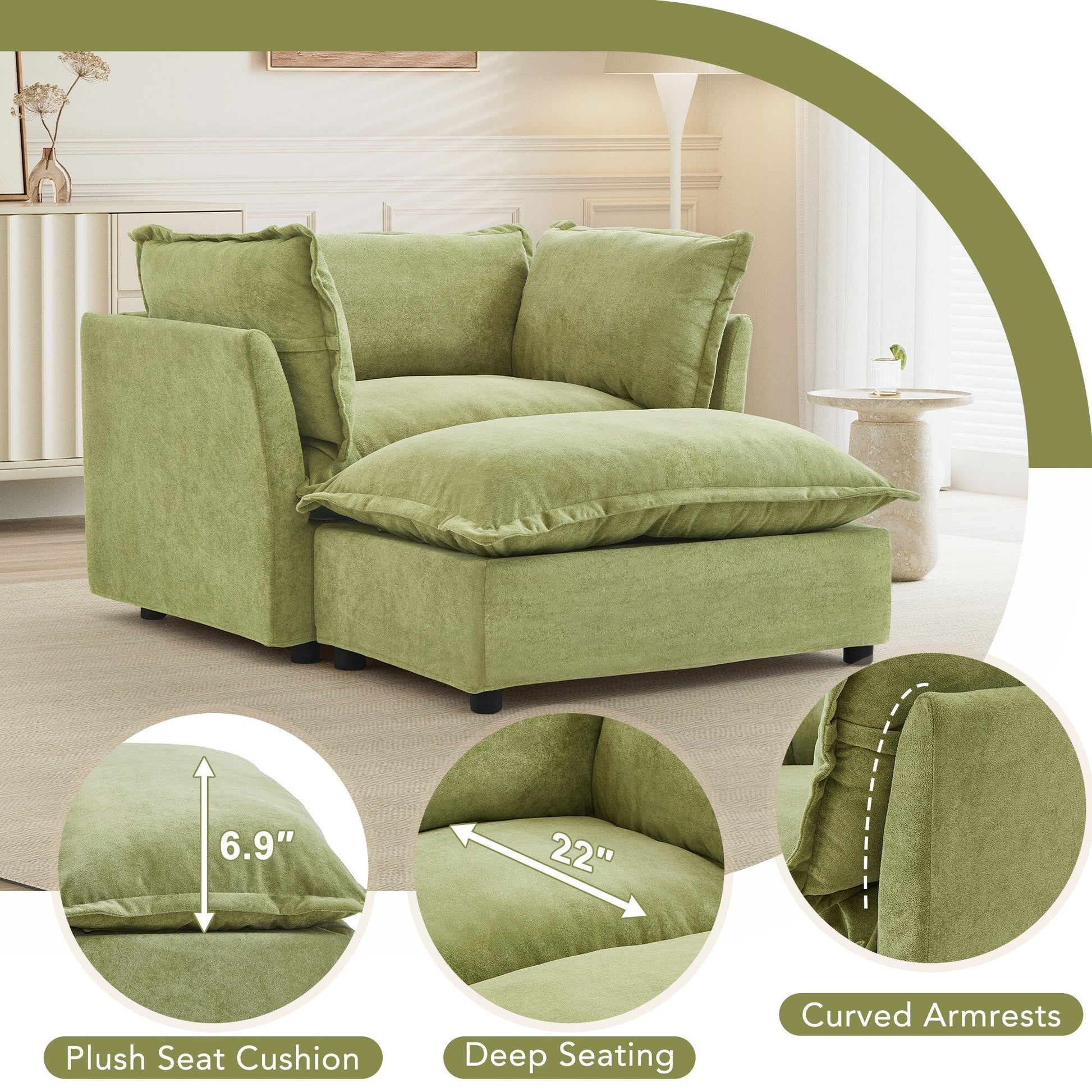 Canapé-fauteuil moderne avec pouf (47 pouces) - Fauteuil de salon rembourré, large assise, accoudoirs incurvés et coussins moelleux pour salon