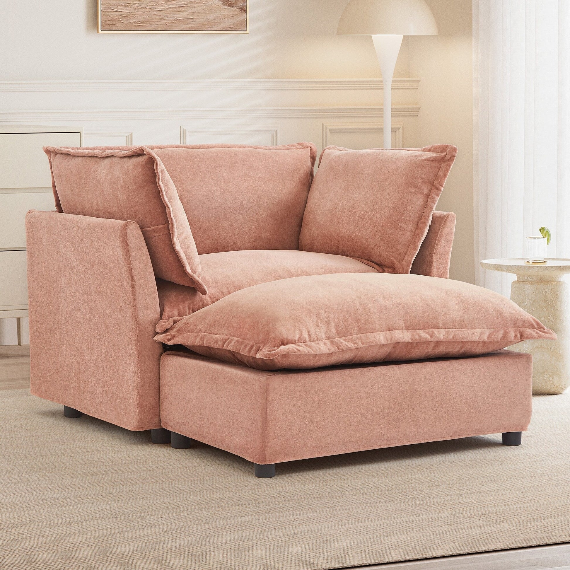 Canapé-fauteuil moderne avec pouf (47 pouces) - Fauteuil de salon rembourré, large assise, accoudoirs incurvés et coussins moelleux pour salon