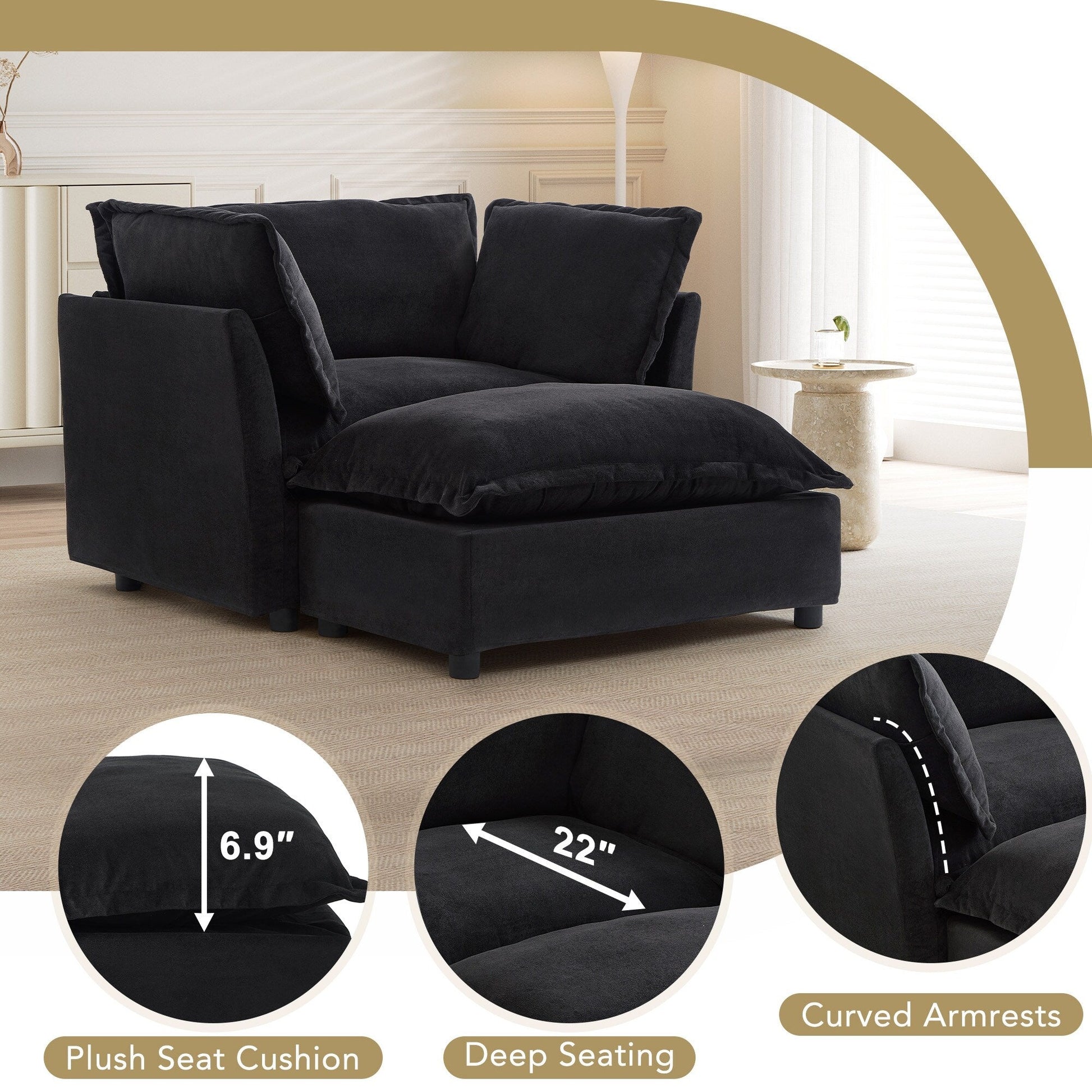 Canapé-fauteuil moderne avec pouf (47 pouces) - Fauteuil de salon rembourré, large assise, accoudoirs incurvés et coussins moelleux pour salon