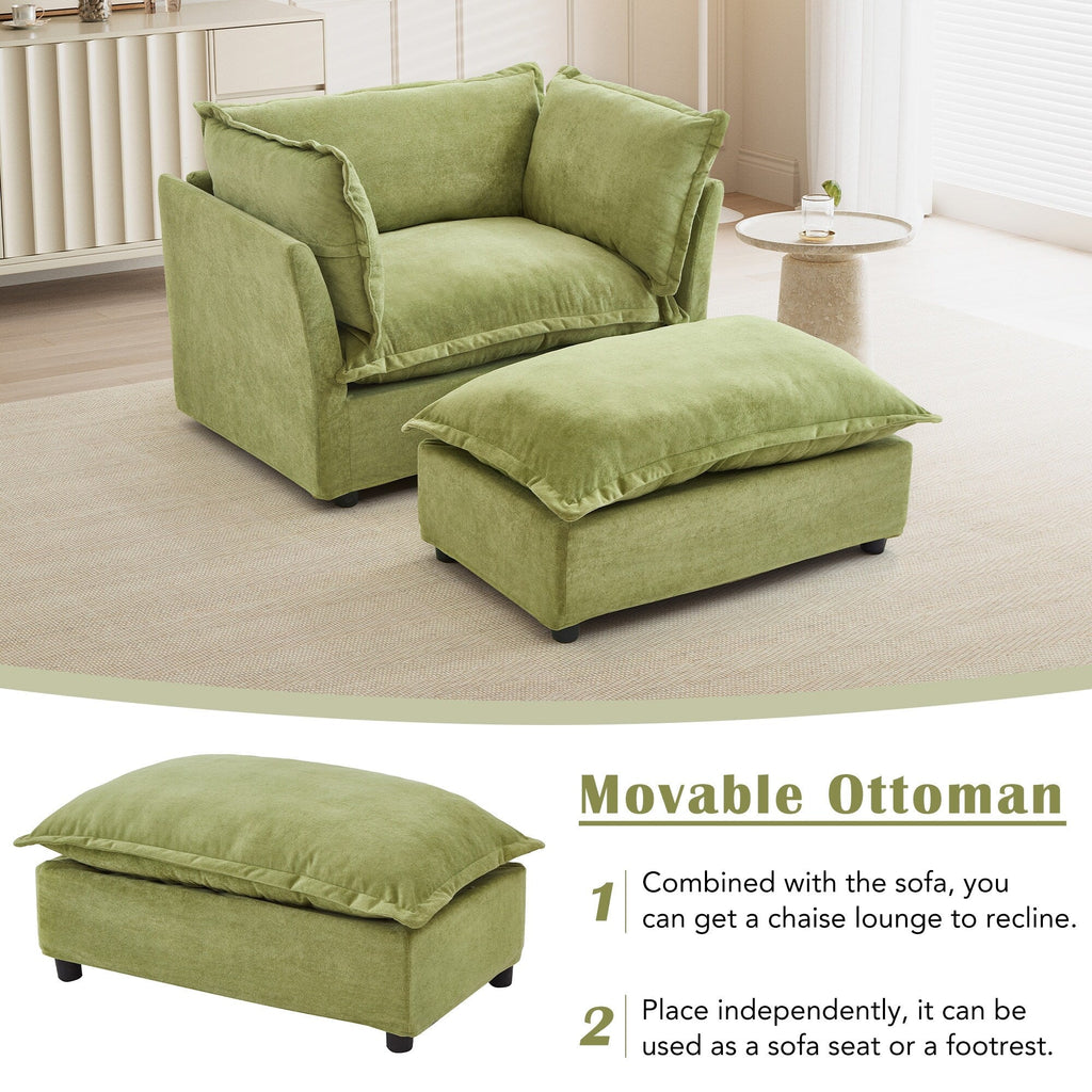 Canapé-fauteuil moderne avec pouf (47 pouces) - Fauteuil de salon rembourré, large assise, accoudoirs incurvés et coussins moelleux pour salon