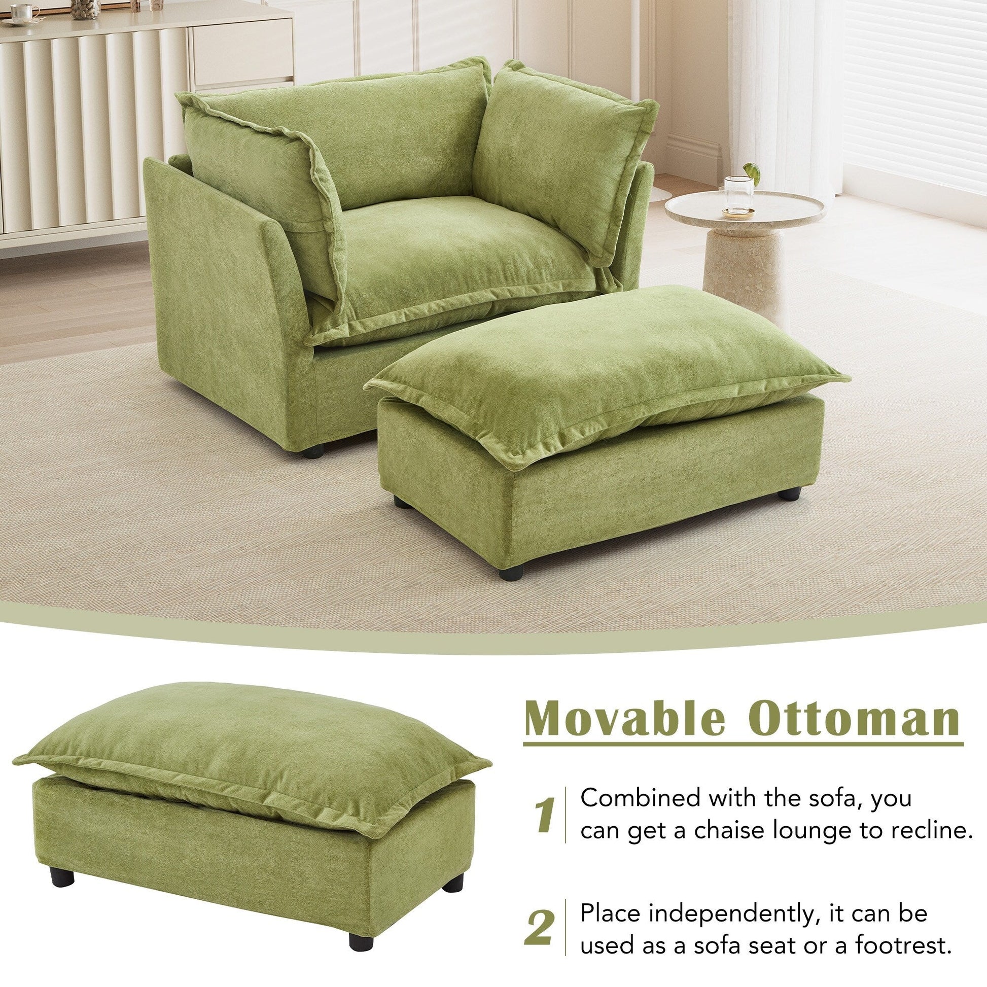Canapé-fauteuil moderne avec pouf (47 pouces) - Fauteuil de salon rembourré, large assise, accoudoirs incurvés et coussins moelleux pour salon