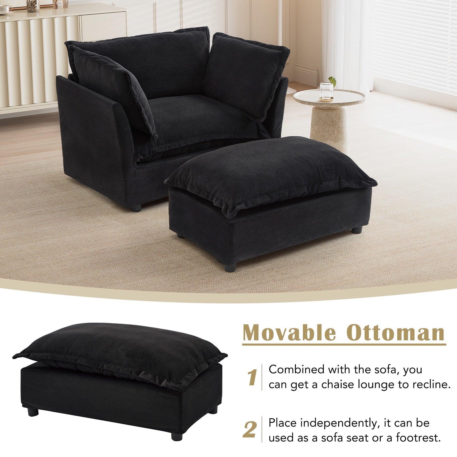 Canapé-fauteuil moderne avec pouf (47 pouces) - Fauteuil de salon rembourré, large assise, accoudoirs incurvés et coussins moelleux pour salon