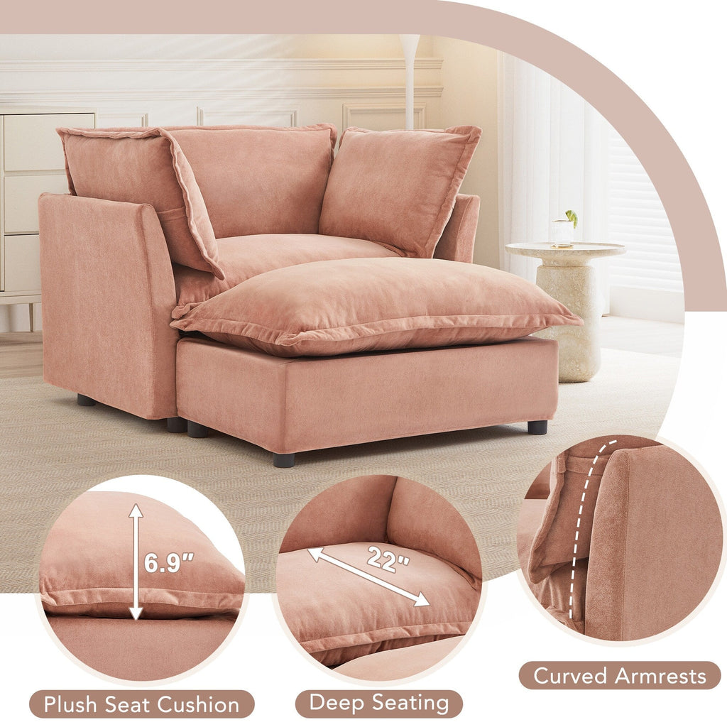 Canapé-fauteuil moderne avec pouf (47 pouces) - Fauteuil de salon rembourré, large assise, accoudoirs incurvés et coussins moelleux pour salon