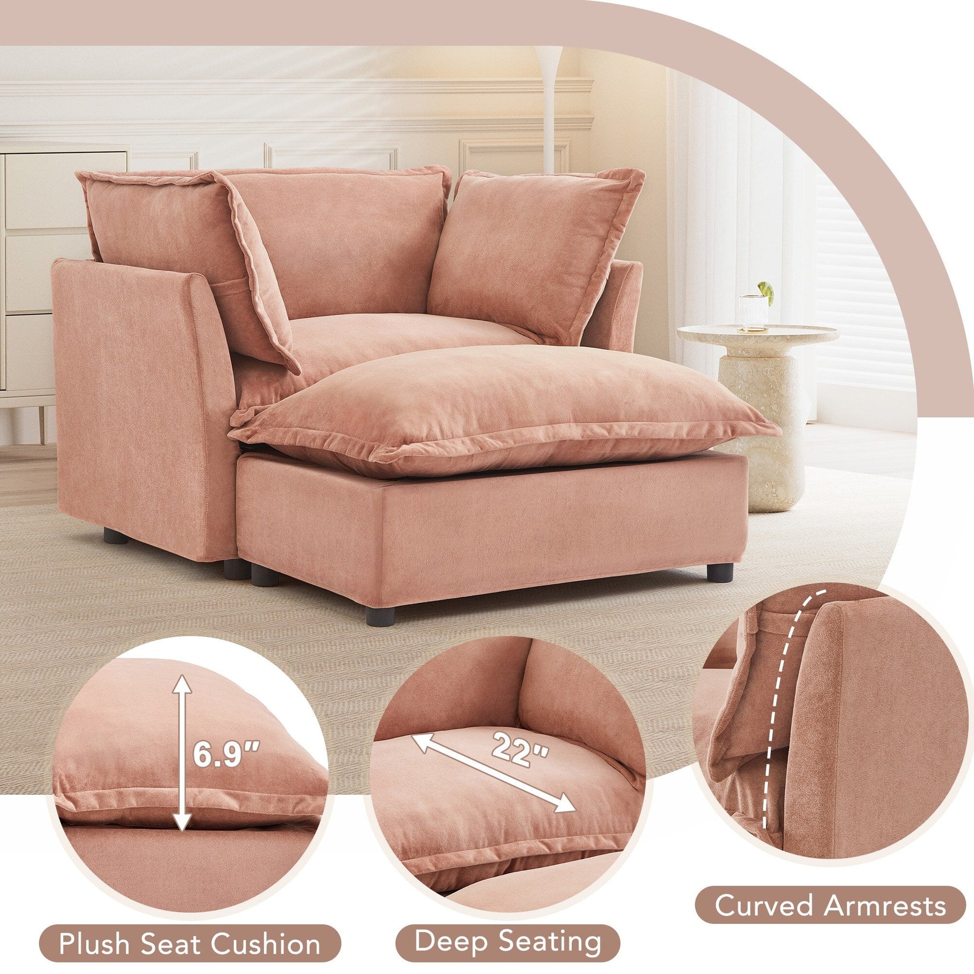 Canapé-fauteuil moderne avec pouf (47 pouces) - Fauteuil de salon rembourré, large assise, accoudoirs incurvés et coussins moelleux pour salon