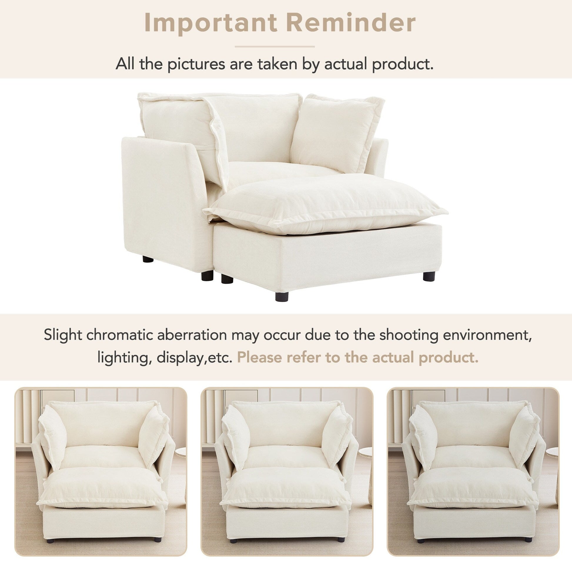 Canapé-fauteuil moderne avec pouf (47 pouces) - Fauteuil de salon rembourré, large assise, accoudoirs incurvés et coussins moelleux pour salon
