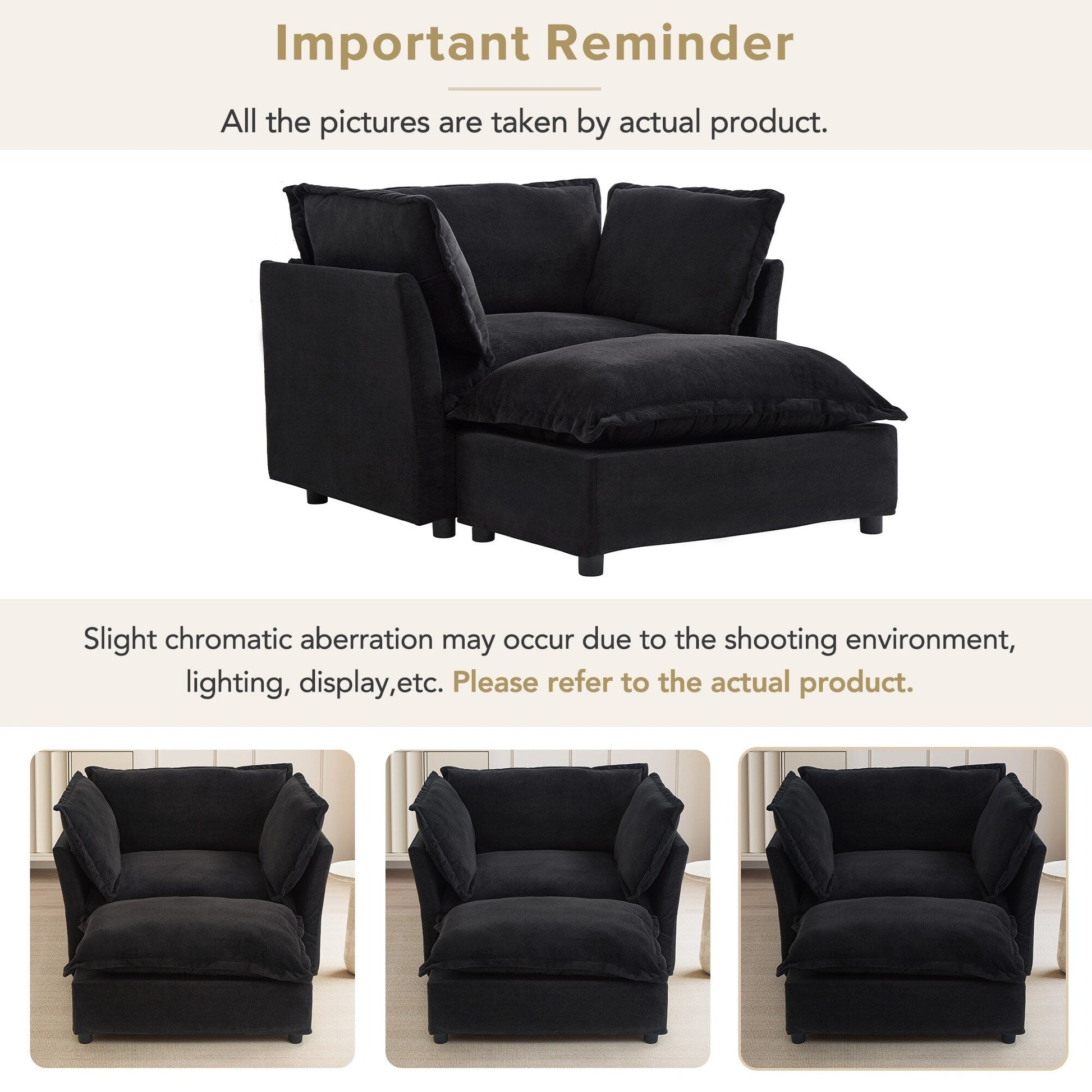 Canapé-fauteuil moderne avec pouf (47 pouces) - Fauteuil de salon rembourré, large assise, accoudoirs incurvés et coussins moelleux pour salon