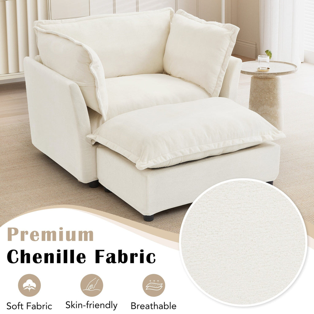 Canapé-fauteuil moderne avec pouf (47 pouces) - Fauteuil de salon rembourré, large assise, accoudoirs incurvés et coussins moelleux pour salon