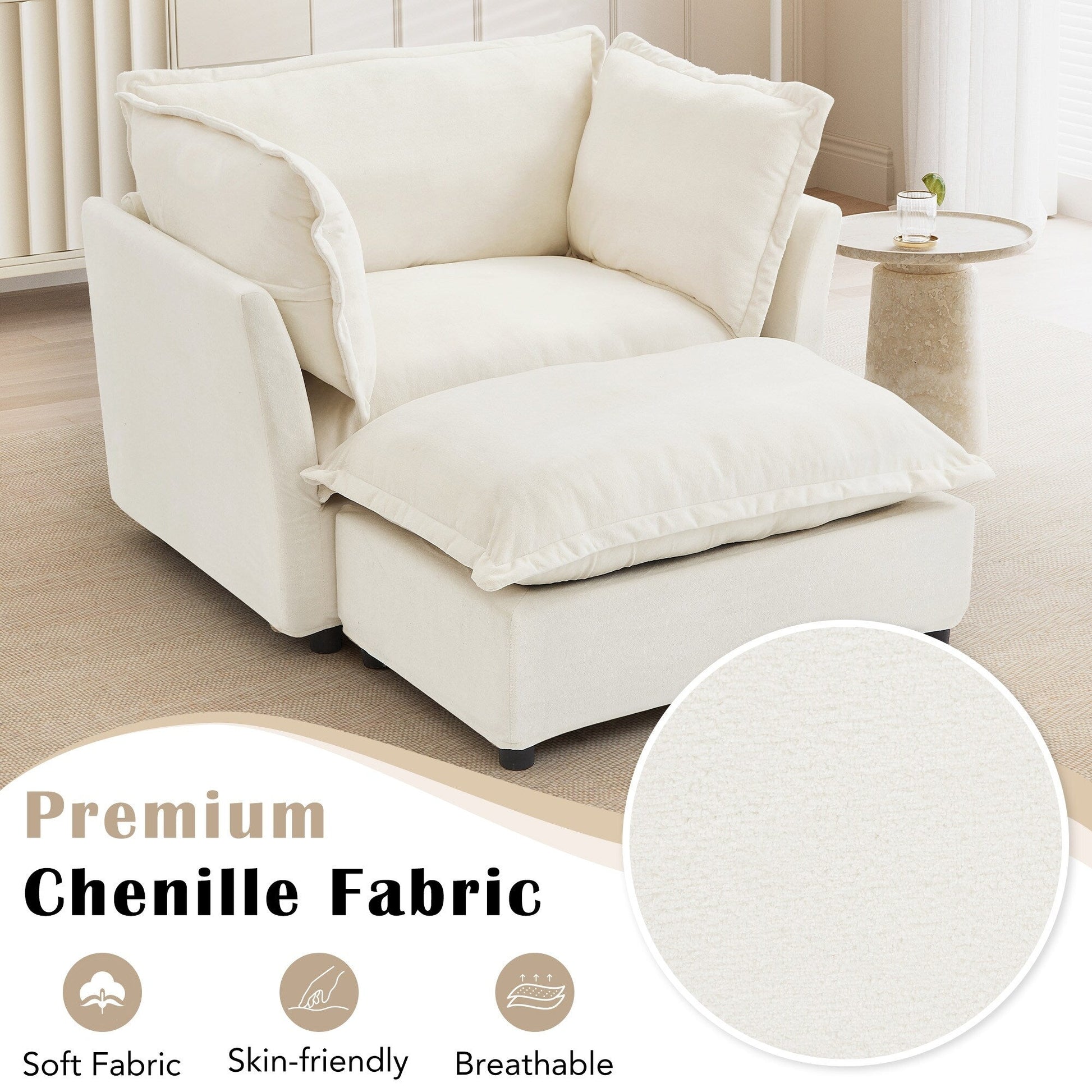 Canapé-fauteuil moderne avec pouf (47 pouces) - Fauteuil de salon rembourré, large assise, accoudoirs incurvés et coussins moelleux pour salon
