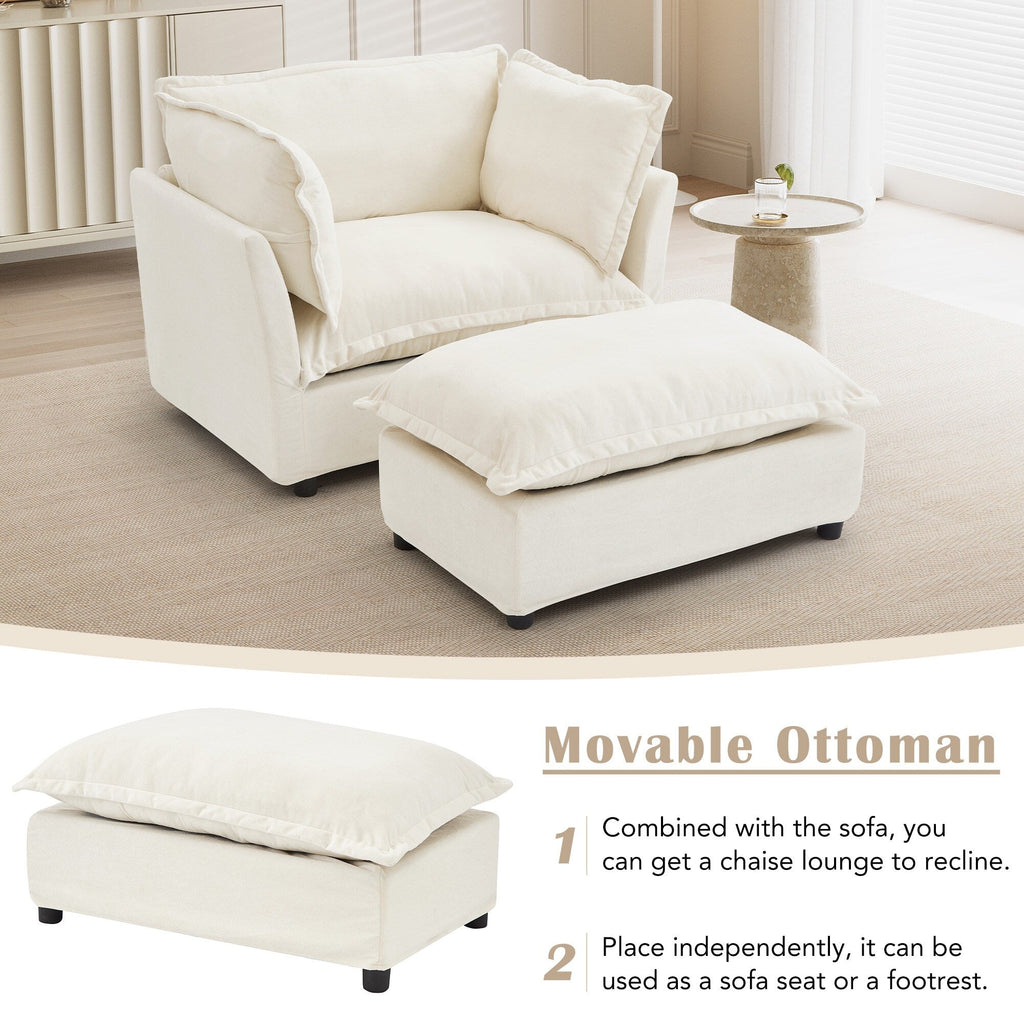Canapé-fauteuil moderne avec pouf (47 pouces) - Fauteuil de salon rembourré, large assise, accoudoirs incurvés et coussins moelleux pour salon