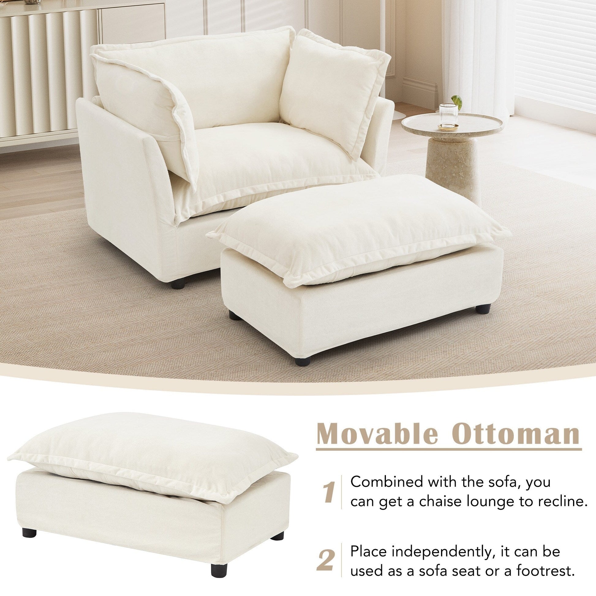 Canapé-fauteuil moderne avec pouf (47 pouces) - Fauteuil de salon rembourré, large assise, accoudoirs incurvés et coussins moelleux pour salon