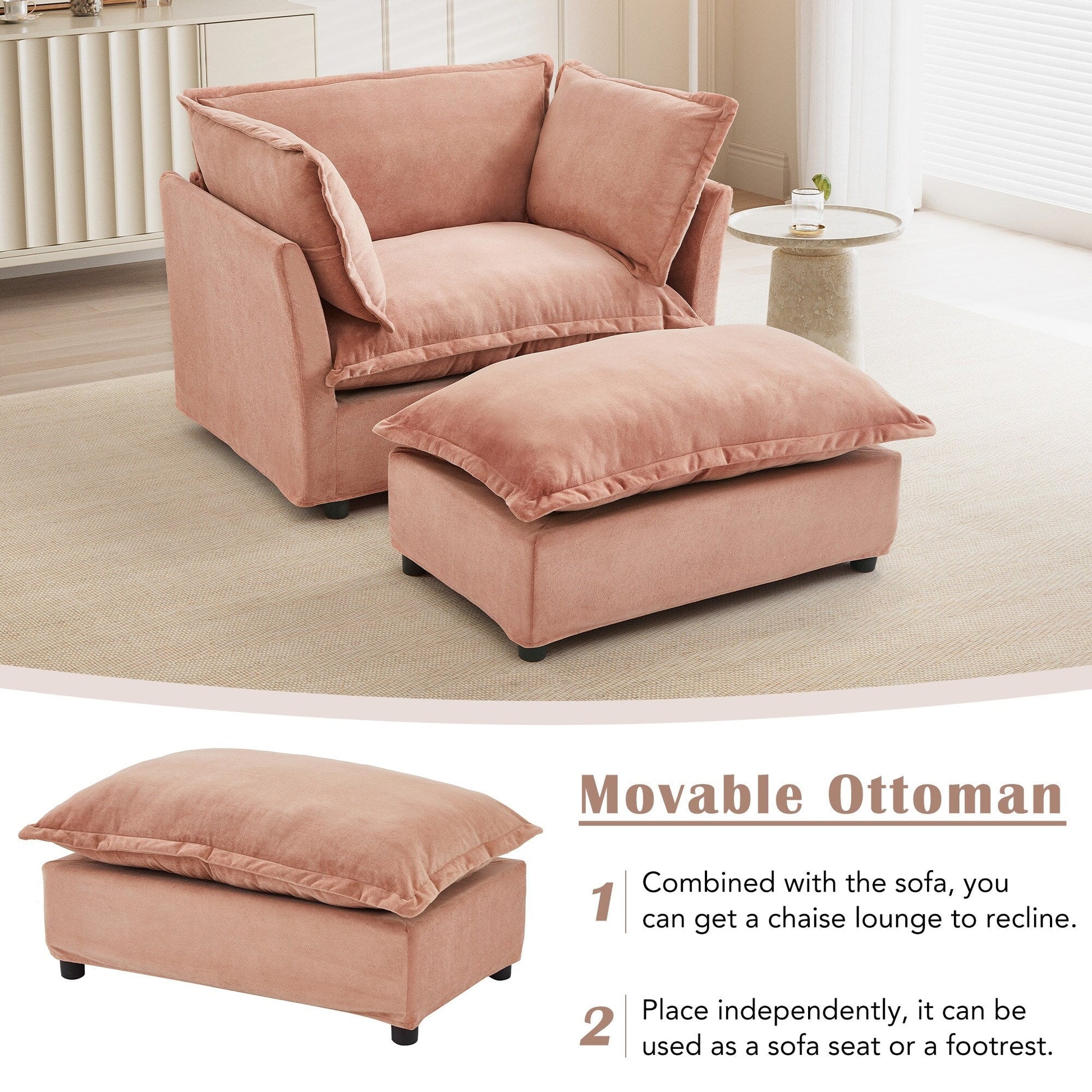 Canapé-fauteuil moderne avec pouf (47 pouces) - Fauteuil de salon rembourré, large assise, accoudoirs incurvés et coussins moelleux pour salon