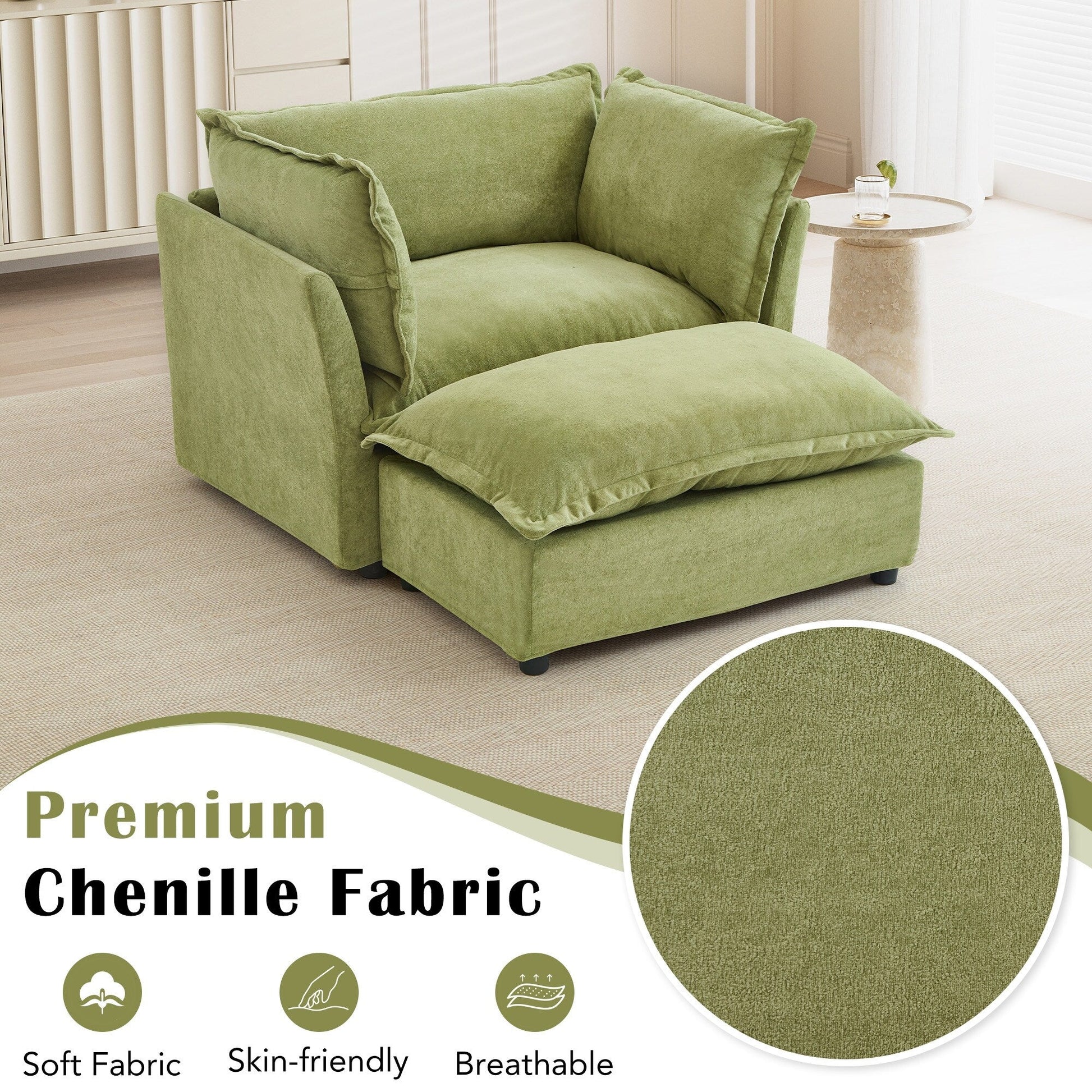 Canapé-fauteuil moderne avec pouf (47 pouces) - Fauteuil de salon rembourré, large assise, accoudoirs incurvés et coussins moelleux pour salon