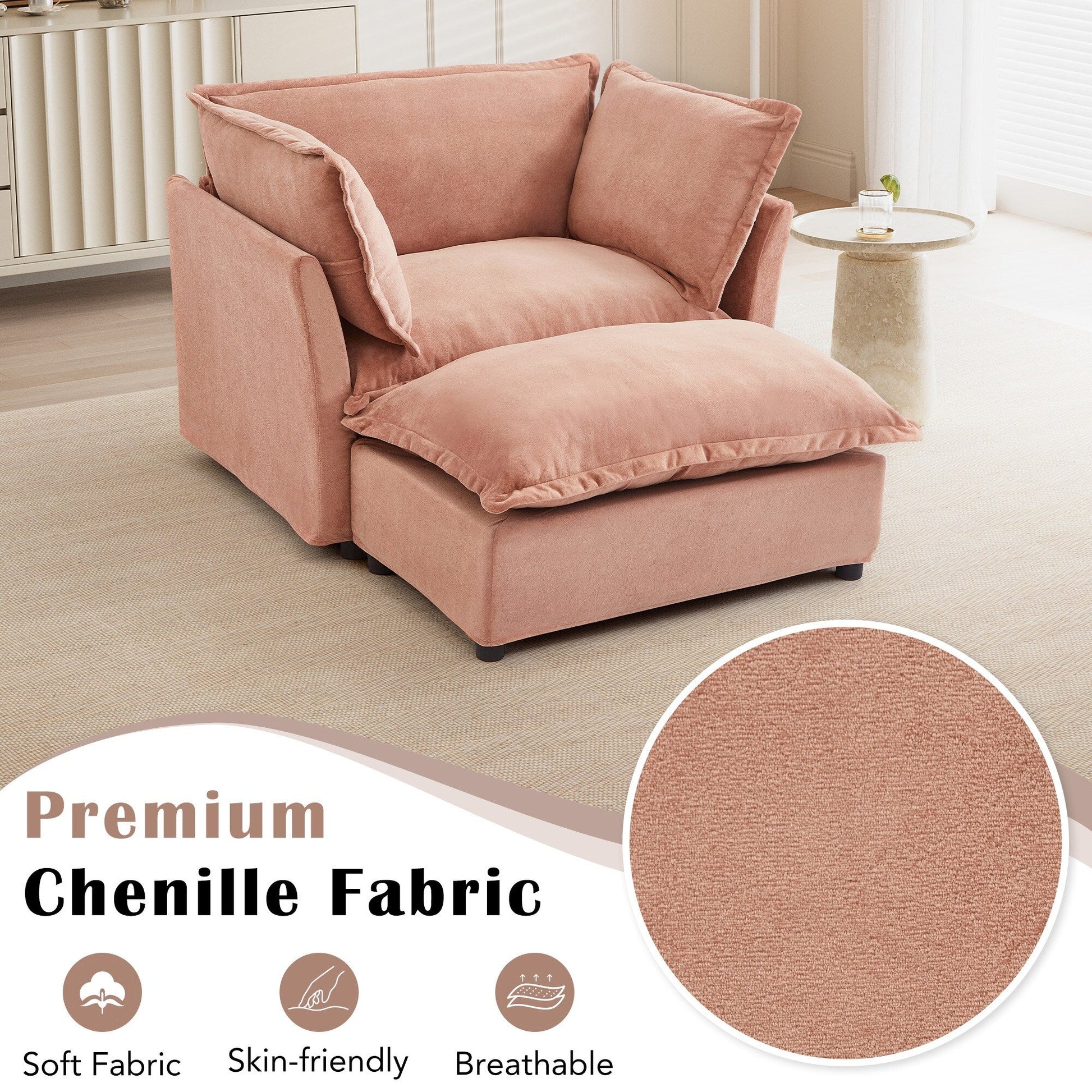 Canapé-fauteuil moderne avec pouf (47 pouces) - Fauteuil de salon rembourré, large assise, accoudoirs incurvés et coussins moelleux pour salon
