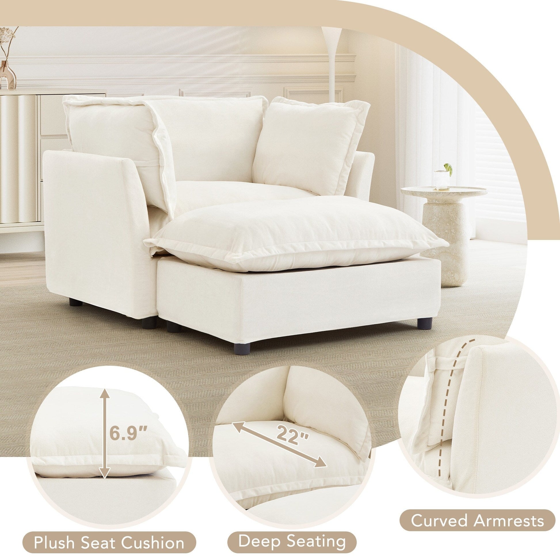 Canapé-fauteuil moderne avec pouf (47 pouces) - Fauteuil de salon rembourré, large assise, accoudoirs incurvés et coussins moelleux pour salon