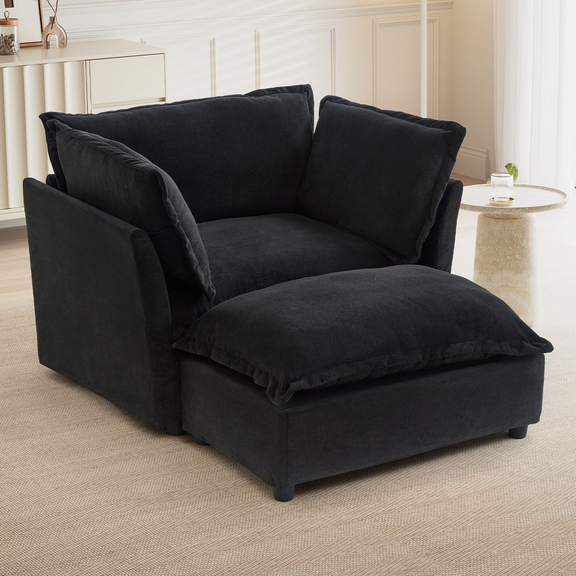 Canapé-fauteuil moderne avec pouf (47 pouces) - Fauteuil de salon rembourré, large assise, accoudoirs incurvés et coussins moelleux pour salon