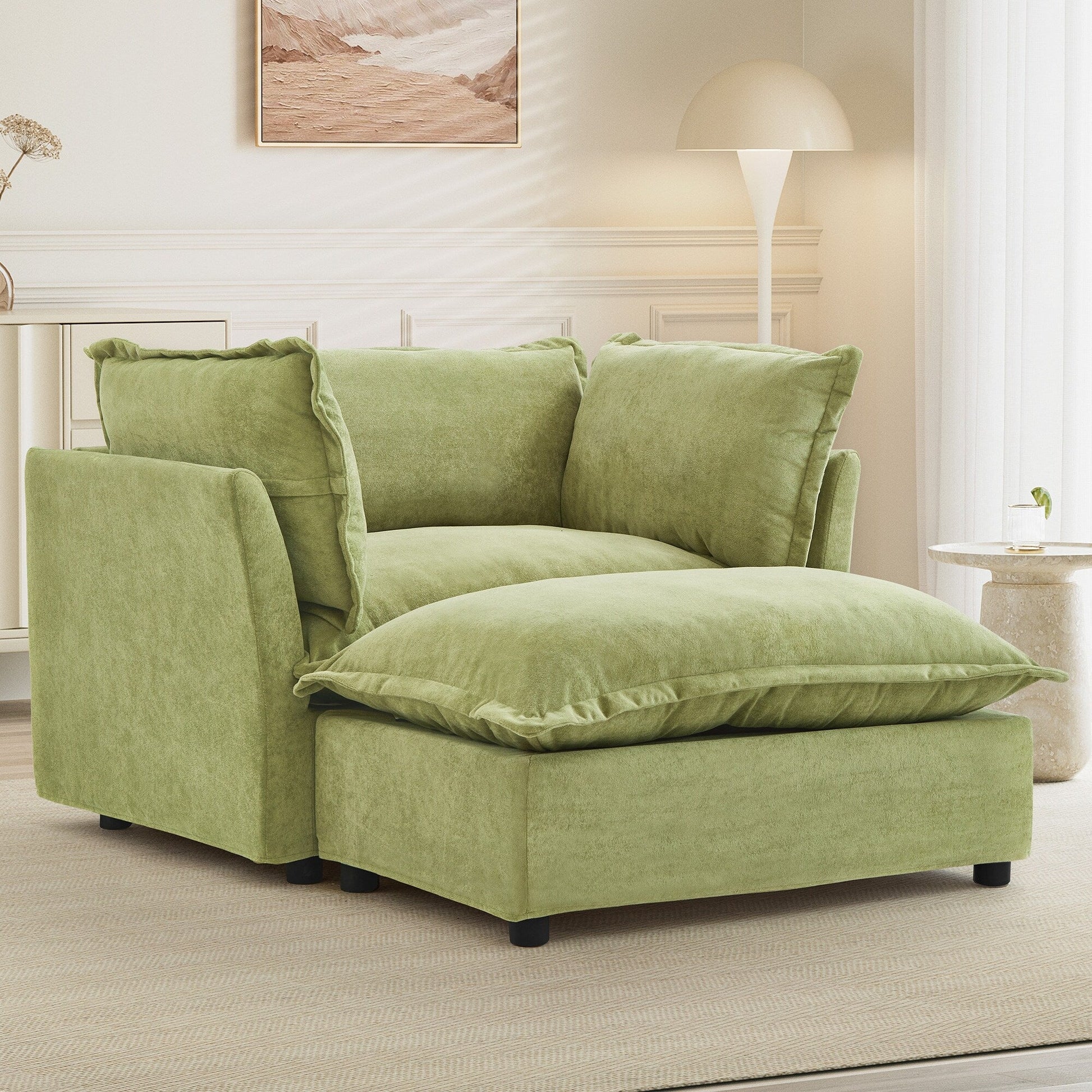 Canapé-fauteuil moderne avec pouf (47 pouces) - Fauteuil de salon rembourré, large assise, accoudoirs incurvés et coussins moelleux pour salon