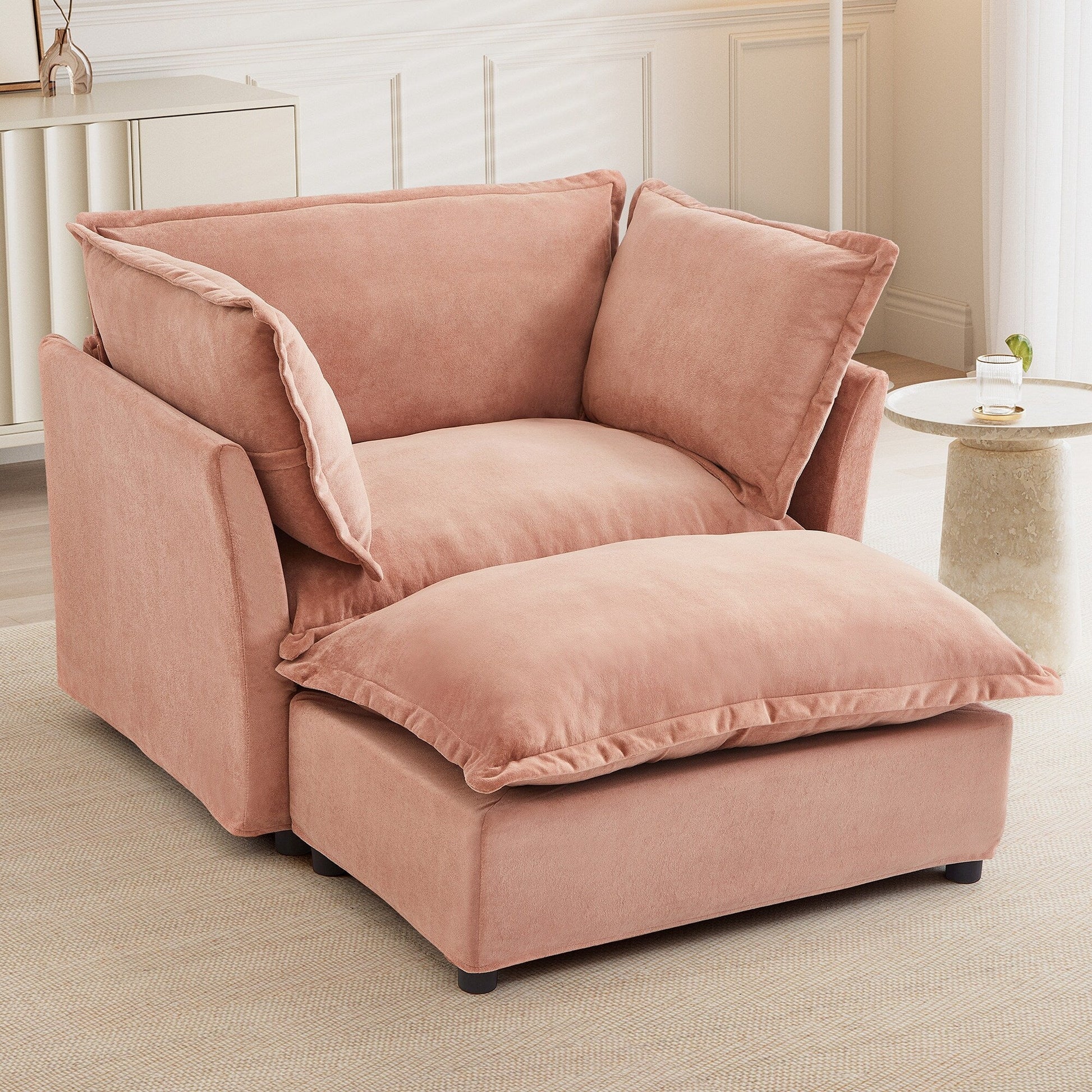 Canapé-fauteuil moderne avec pouf (47 pouces) - Fauteuil de salon rembourré, large assise, accoudoirs incurvés et coussins moelleux pour salon