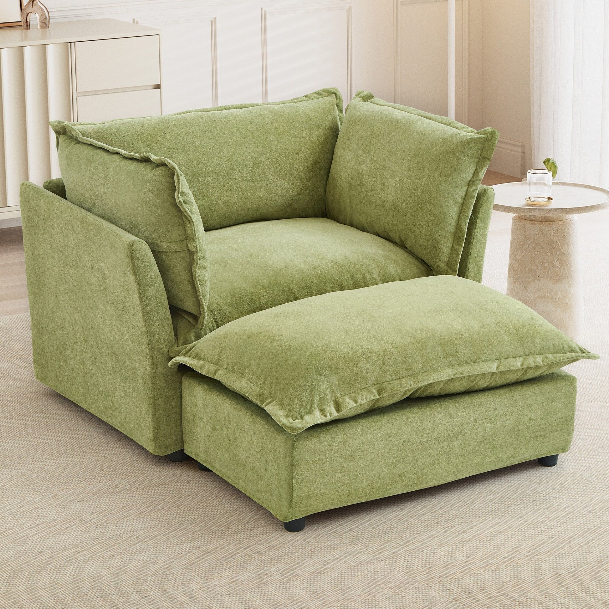 Canapé-fauteuil moderne avec pouf (47 pouces) - Fauteuil de salon rembourré, large assise, accoudoirs incurvés et coussins moelleux pour salon