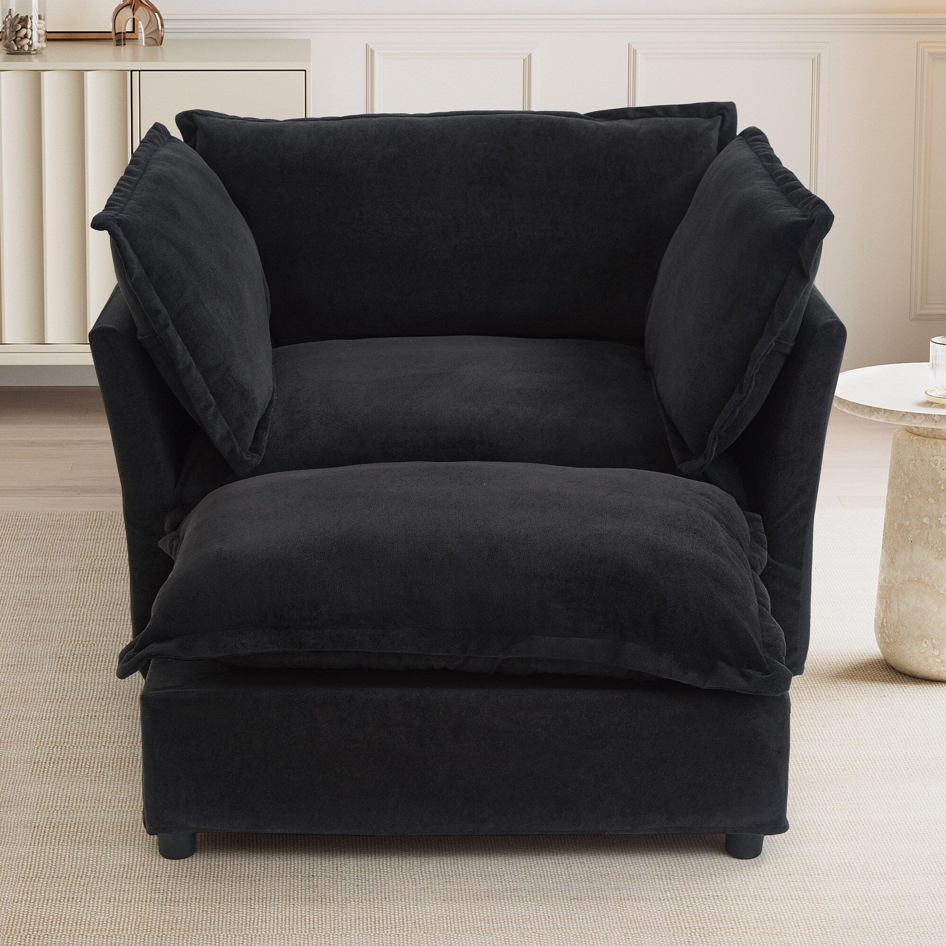 Canapé-fauteuil moderne avec pouf (47 pouces) - Fauteuil de salon rembourré, large assise, accoudoirs incurvés et coussins moelleux pour salon