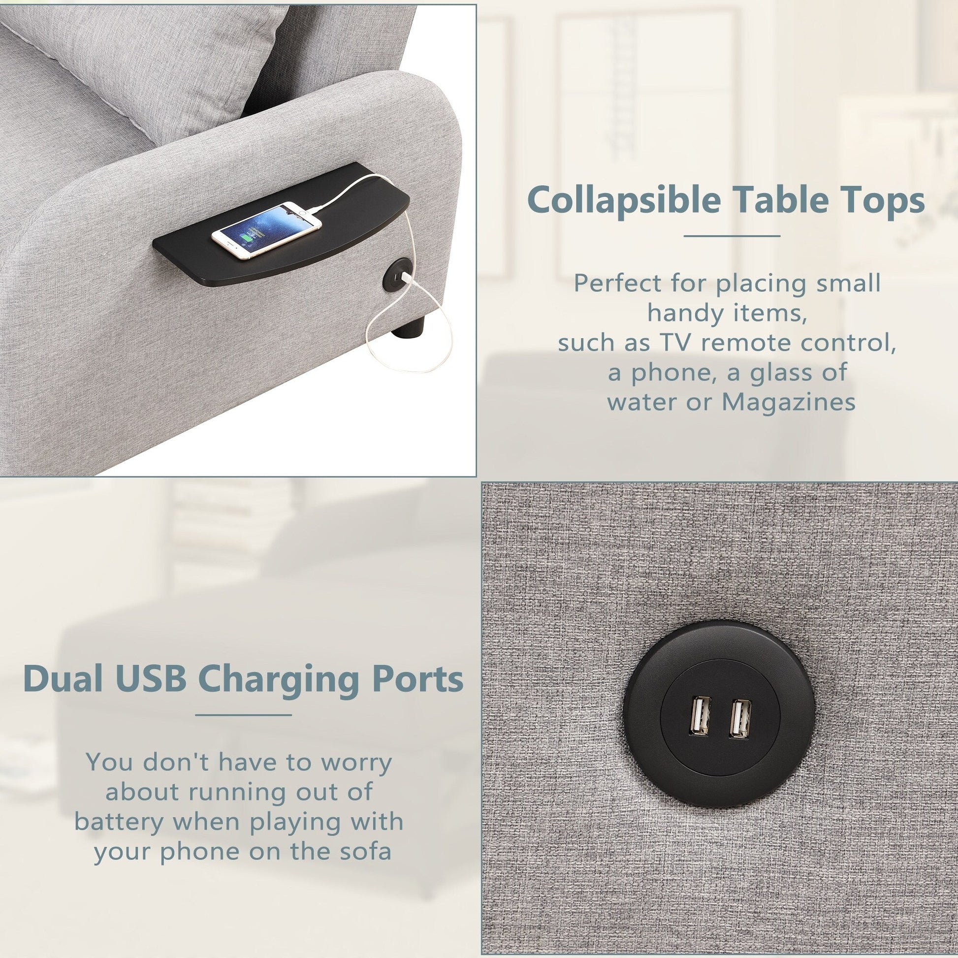 48.82-Seater Sleeper Sofa 3 in 1 with 2 Wing Table and USB Charge