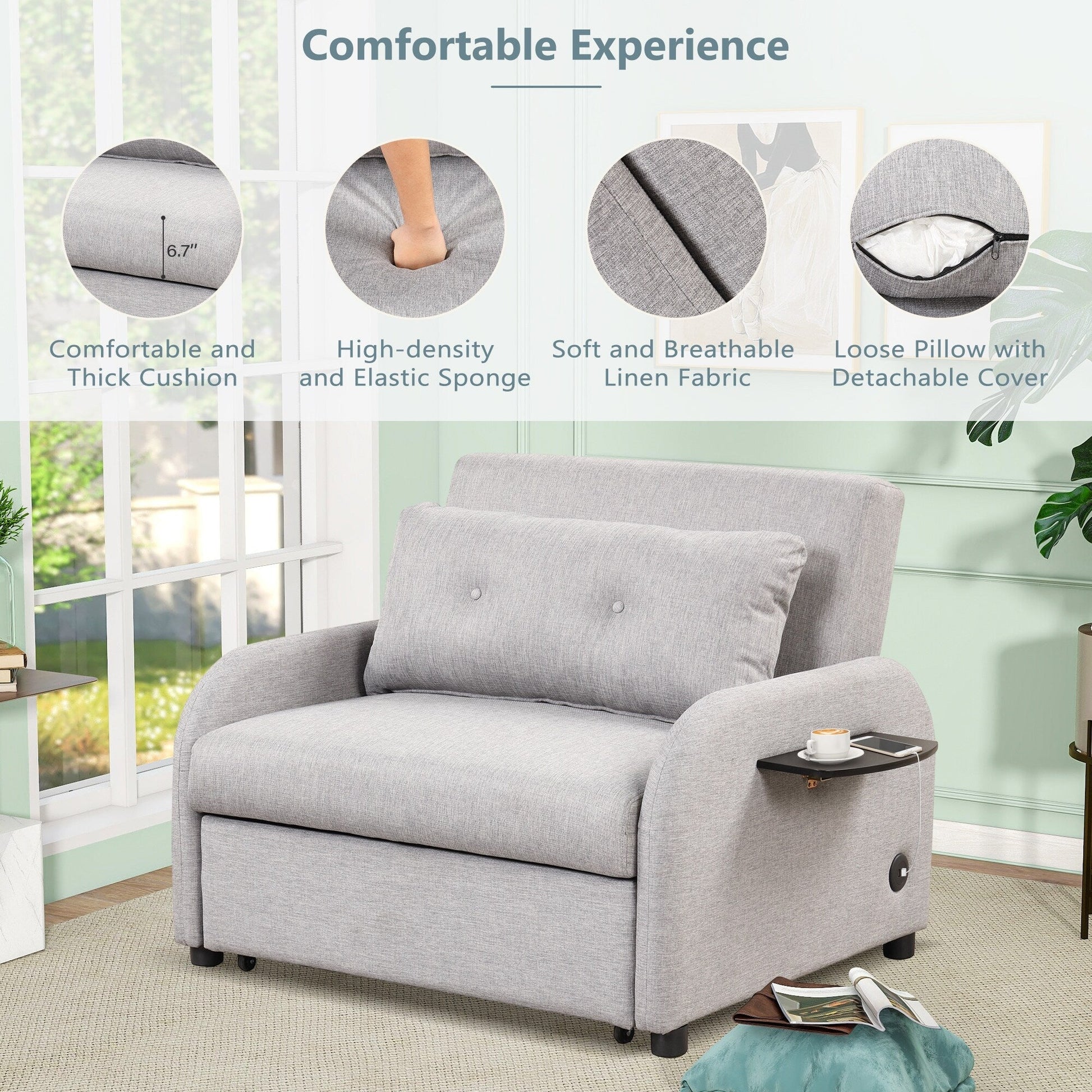 48.82-Seater Sleeper Sofa 3 in 1 with 2 Wing Table and USB Charge